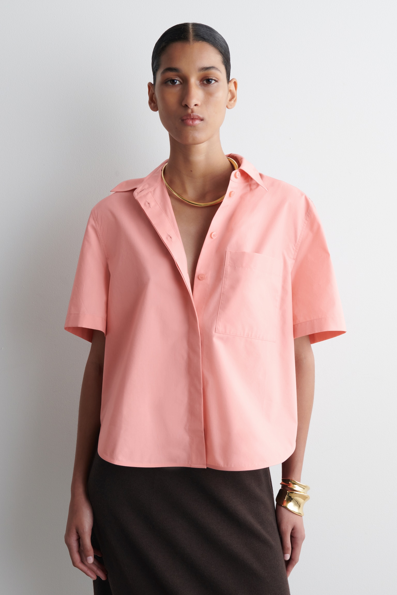 CAMICIA CROPPED IN COTONE A MANICHE CORTE - ROSA/MARRONE/BIANCO/ROSA