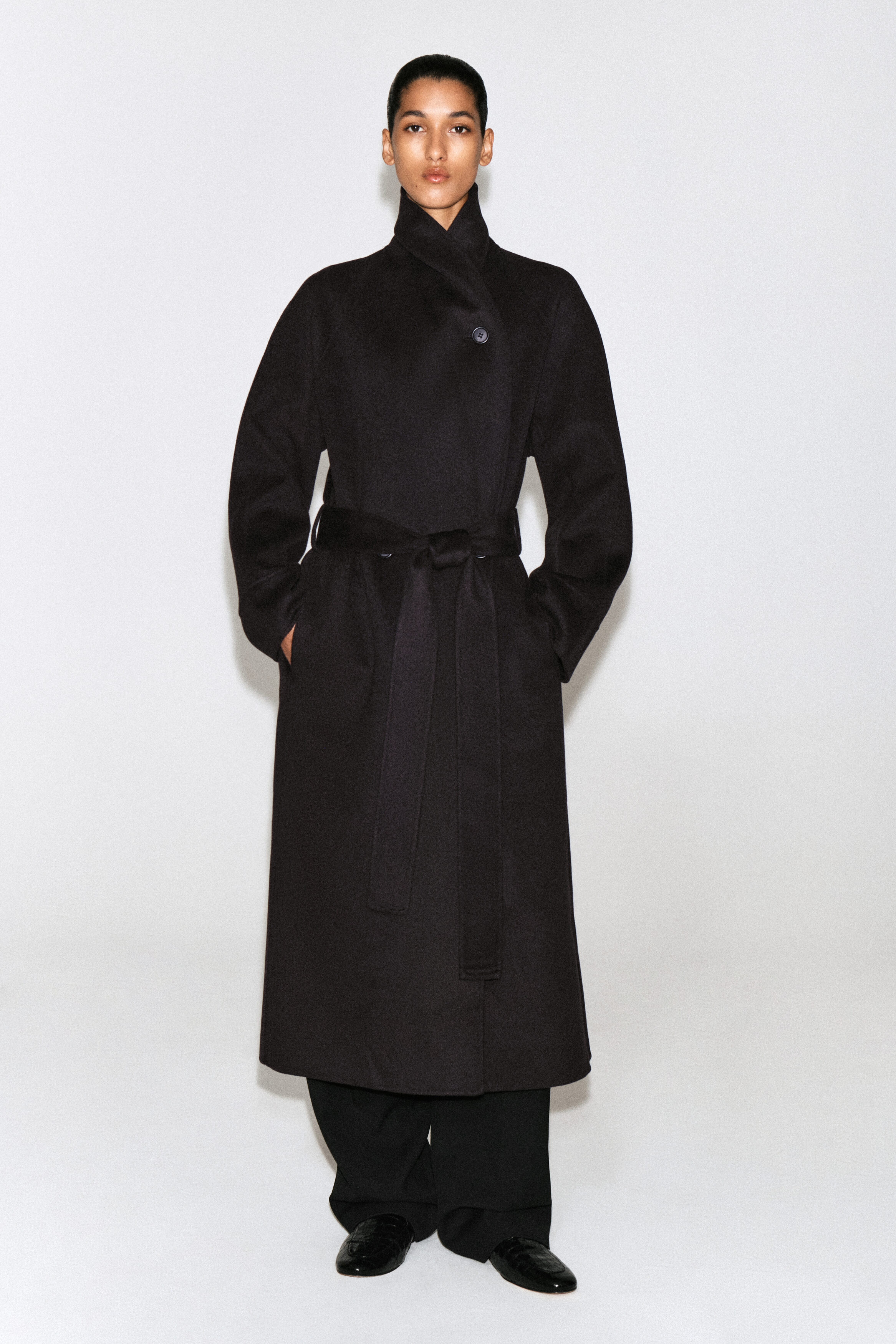SHAWL-COLLAR DOUBLE-FACED WOOL LONG COAT - DARK BROWN | COS