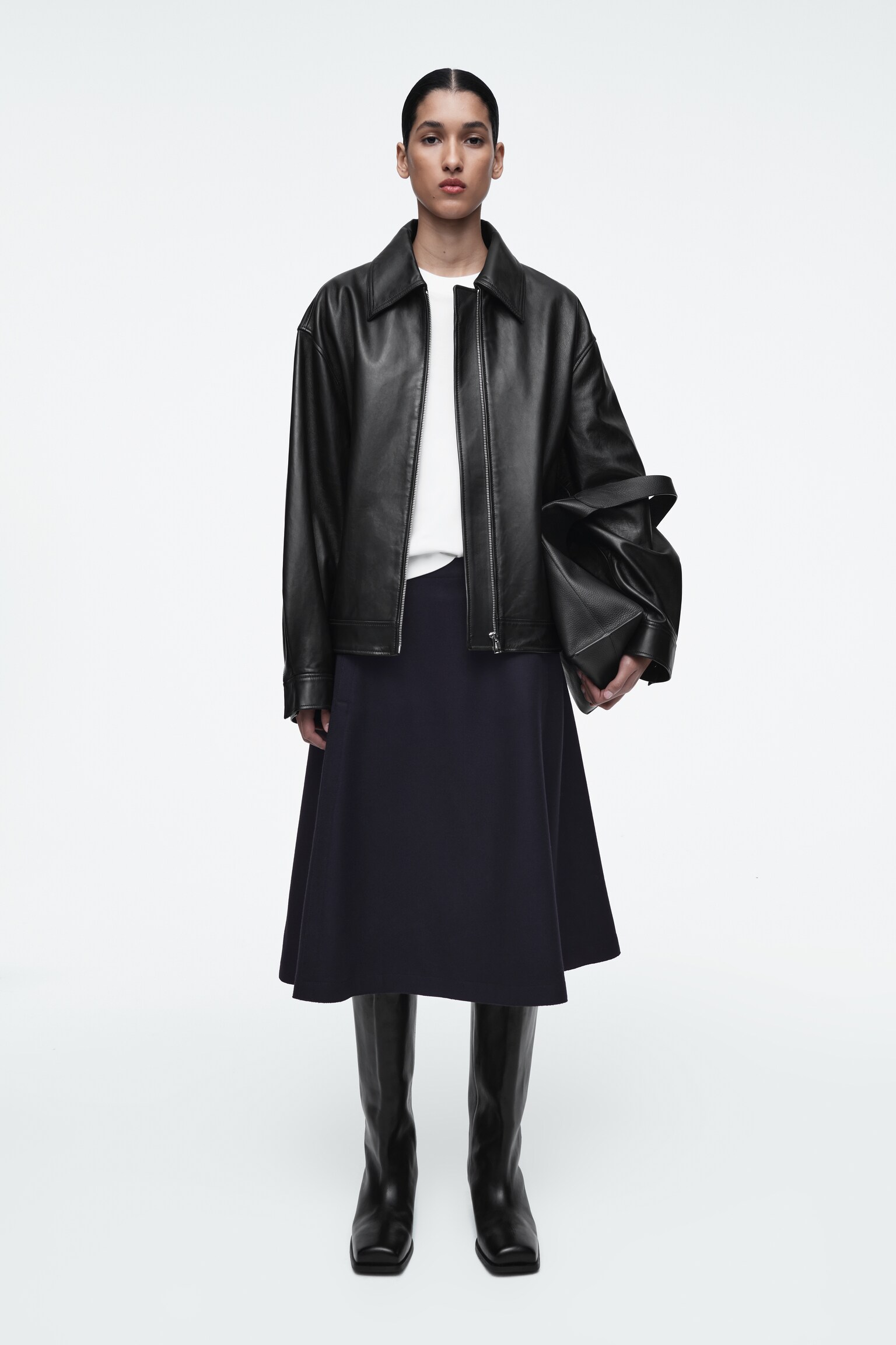 PANELLED WOOL MIDI SKIRT - NAVY
