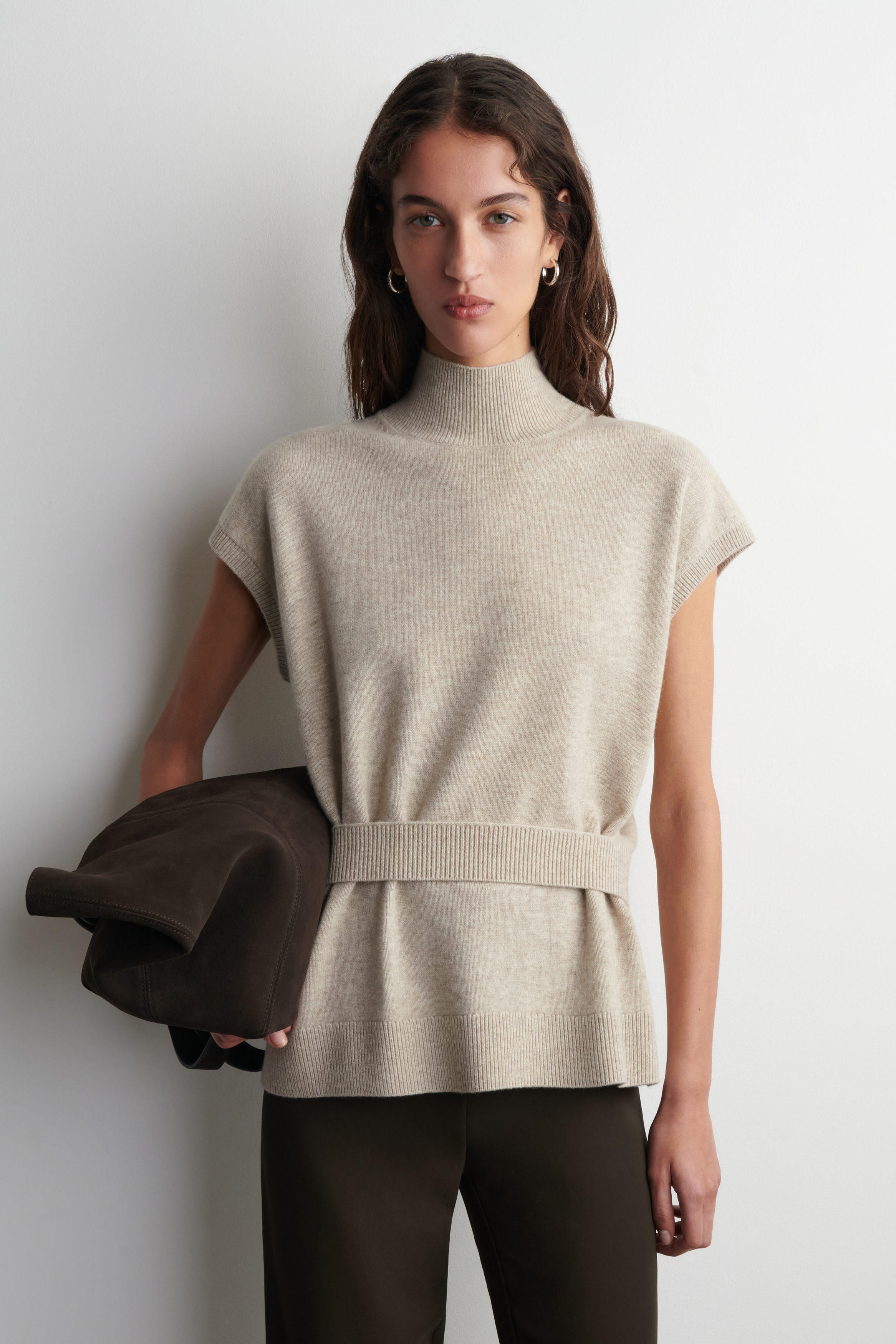 BELT-DETAIL MOCK-NECK WOOL VEST - BEIGE MÉLANGE | COS US