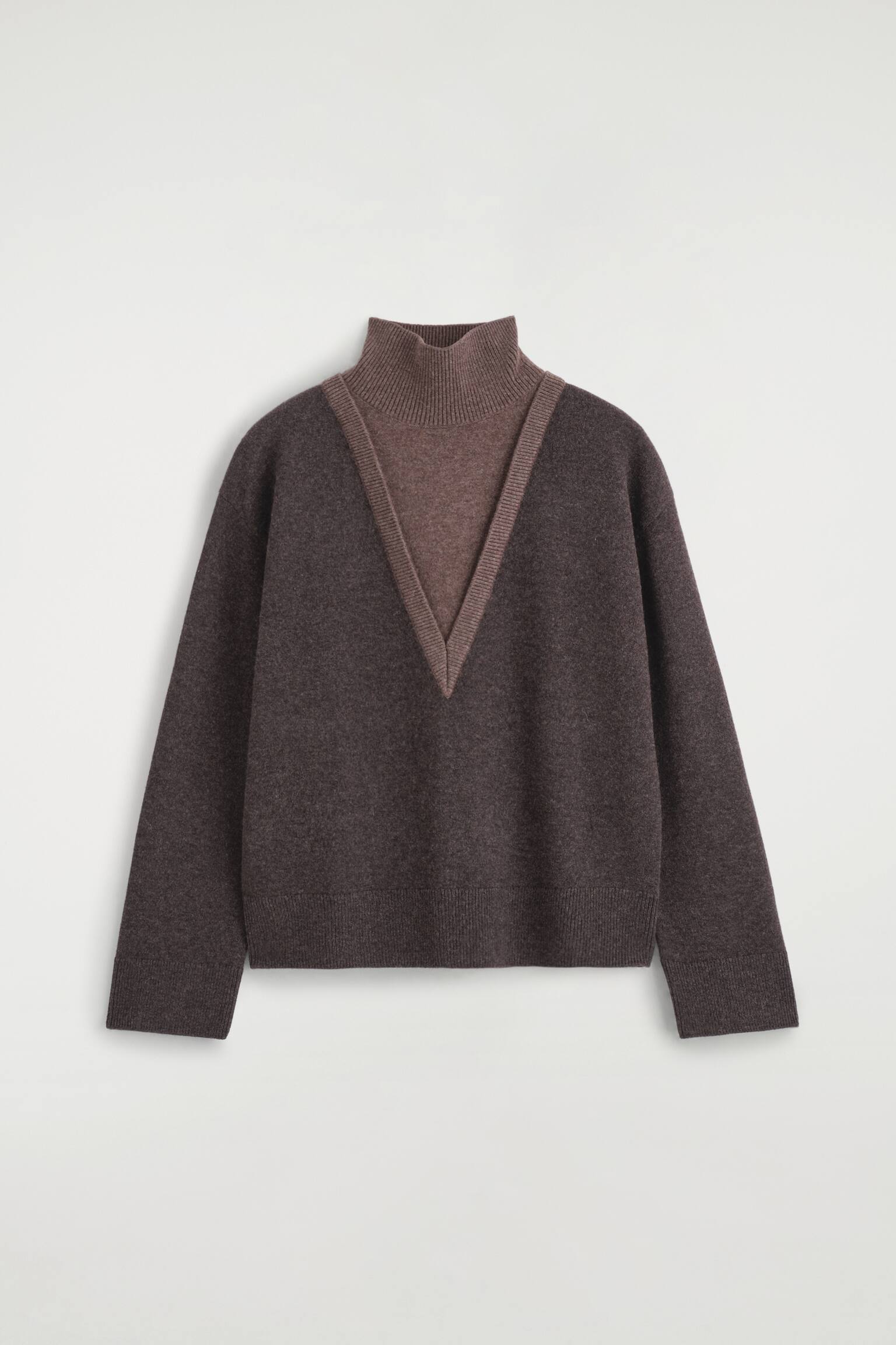 LAYERED FUNNEL-NECK MERINO WOOL JUMPER - DARK BROWN / CHOCOLATE/GREY / COBALT - 1
