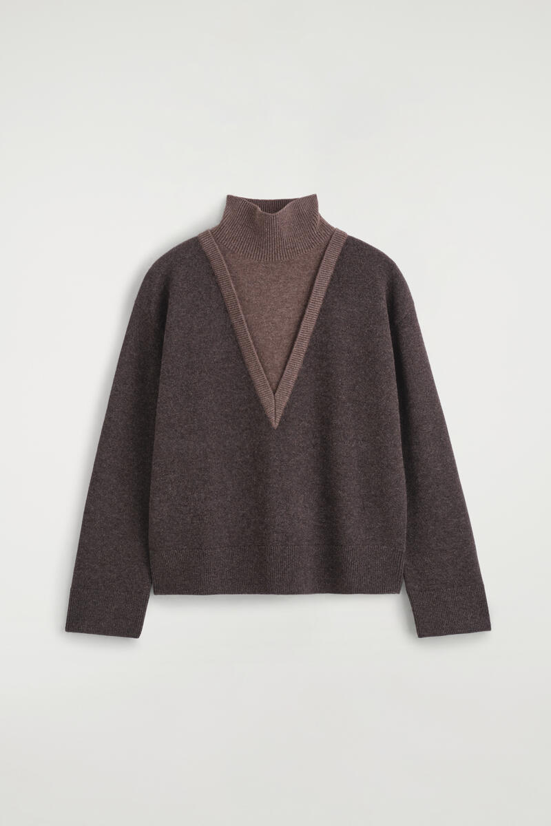 Layered Funnel-Neck Merino Wool Sweater
