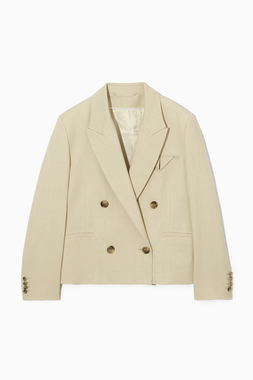 DOUBLE-BREASTED CROPPED LINEN-BLEND BLAZER - LIGHT BEIGE | COS