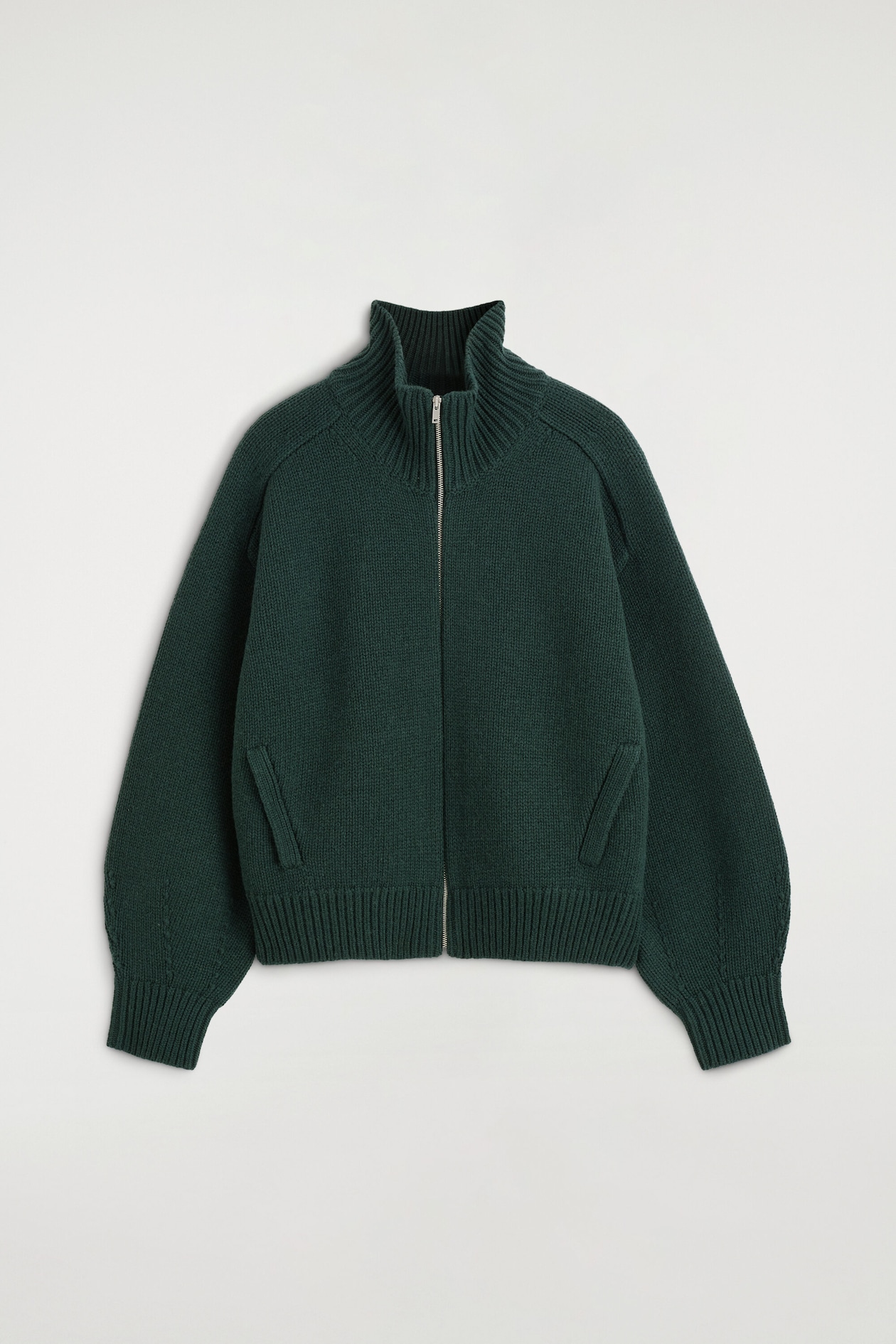 ROUNDED WOOL MOCK-NECK ZIP-UP JACKET — DARK GREEN