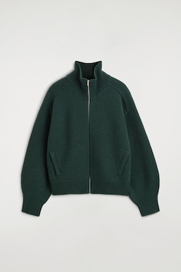 ROUNDED WOOL MOCK-NECK ZIP-UP JACKET — DARK GREEN 7