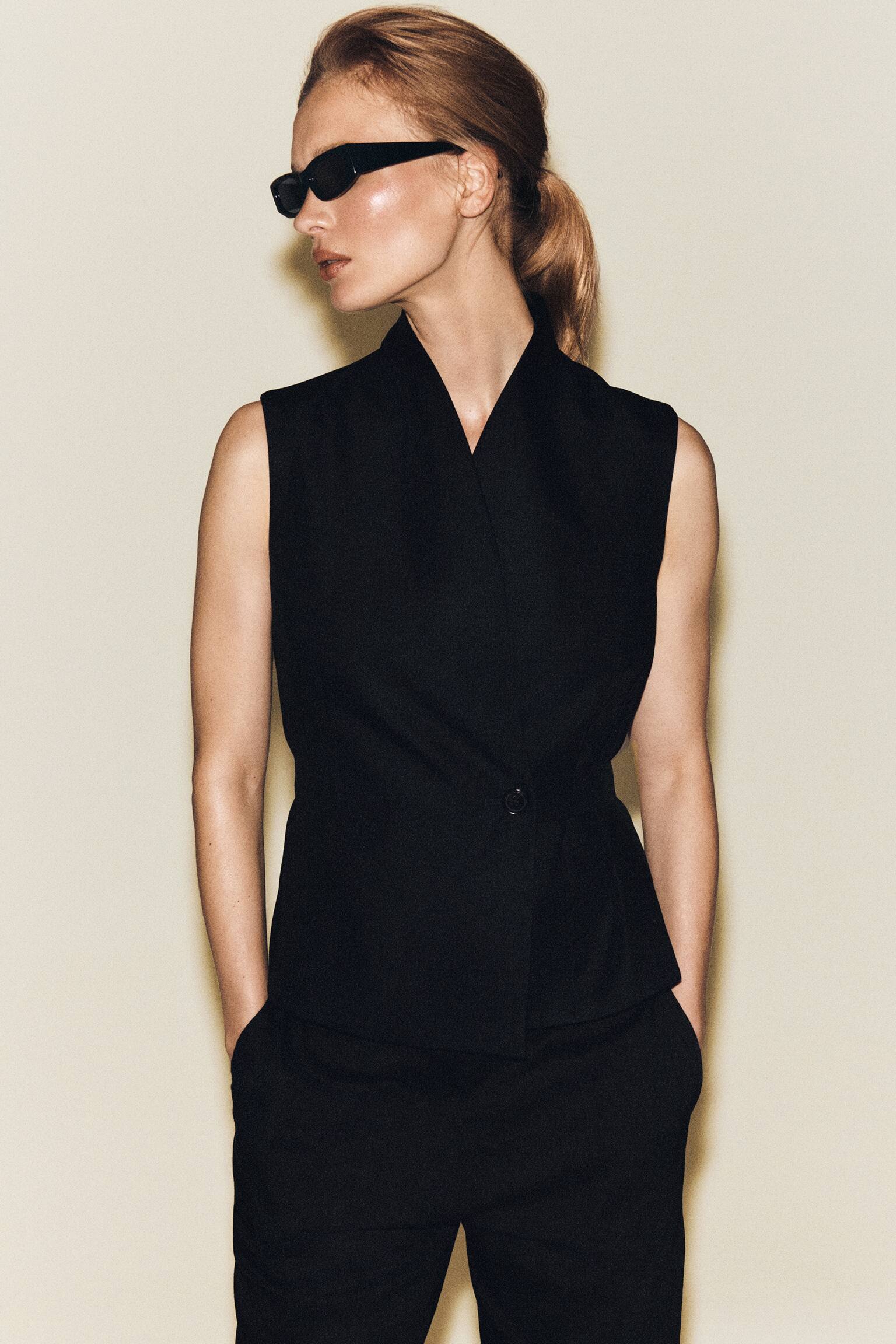 GILET IN MISTO LINO CON COLLO A SCIALLE E CINTURA - NERO - 8