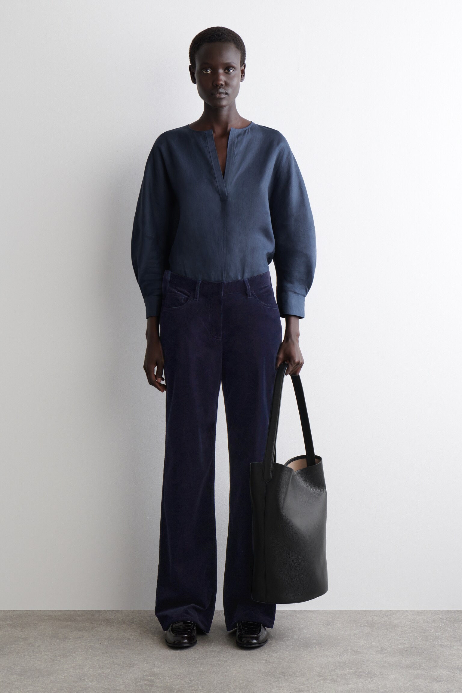 BLOUSE VOLUMINEUSE EN LIN - BLEU FONCÉ/ROUGE ROUILLE - 3