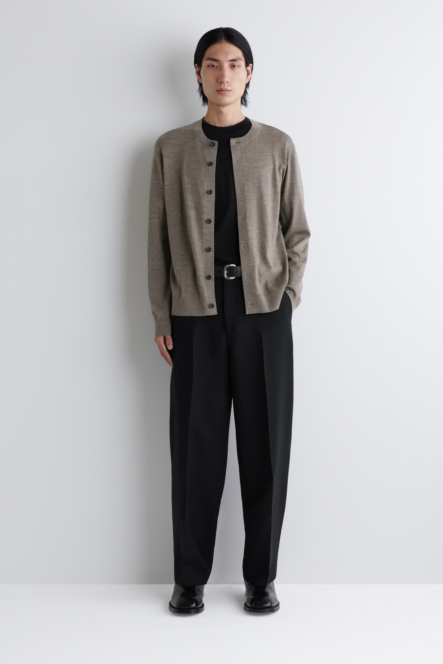 CARDIGAN À COL ROND EN LAINE MÉRINOS - GRIS CHINÉ/NOIR - 6