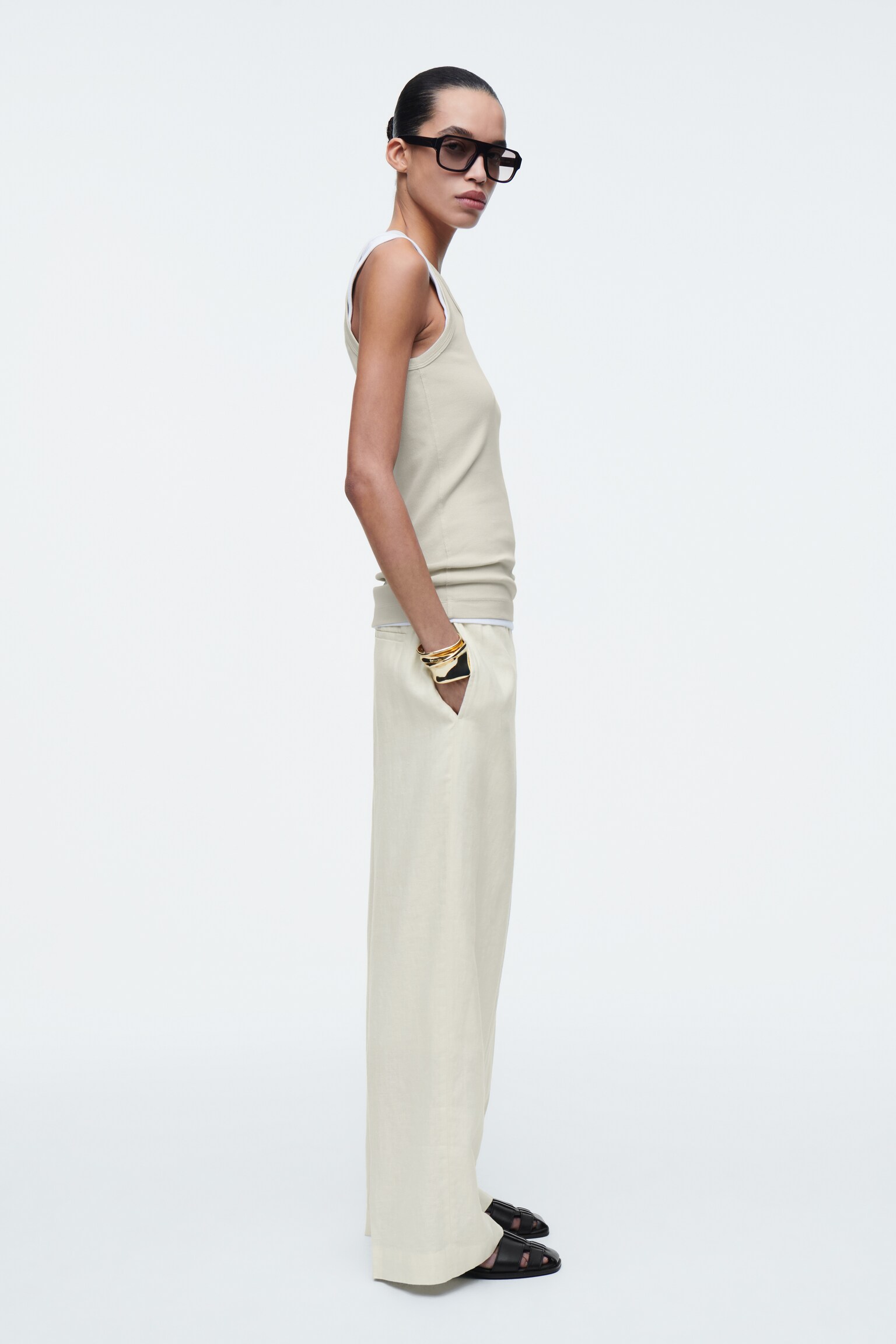 PANTALON DE TAILLEUR DROIT EN LIN - JAUNE BEURRE/VERT - 4