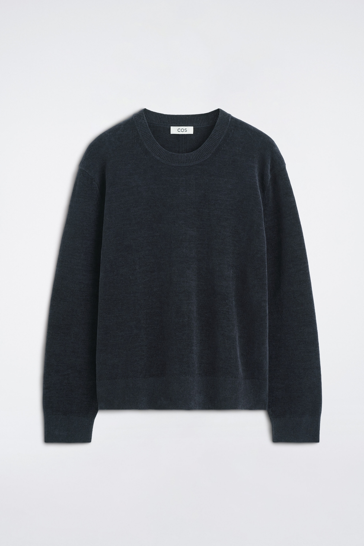 This cotton chenille crewneck sweater is shown from the front, highlighting its soft, textured dark gray knit. The sweater features a ribbed crew neckline, long sleeves with ribbed cuffs, and a matching ribbed hem.
