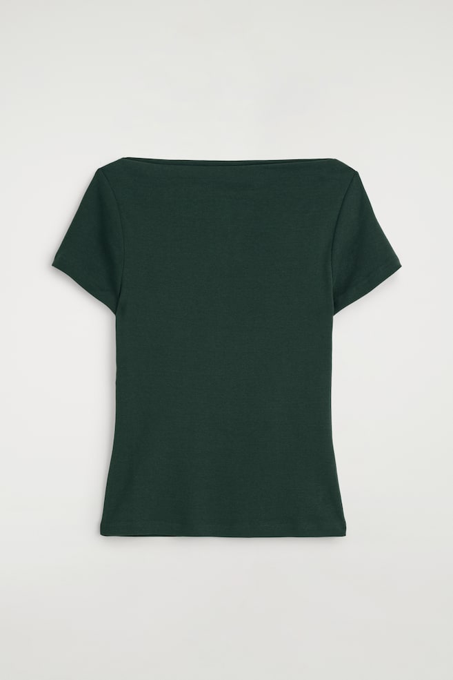 BAWEŁNIANY T-SHIRT Z DEKOLTEM W ŁÓDKĘ - CIEMNOZIELONY/CZARNY - 1