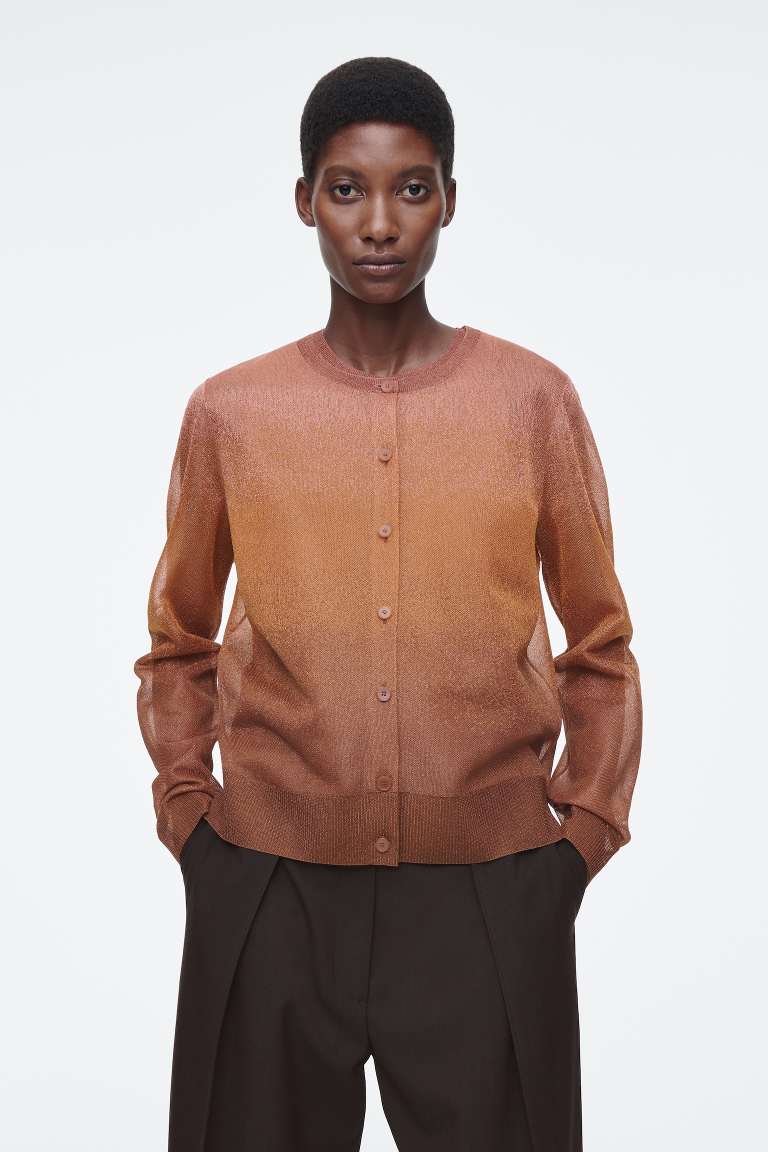 SHEER FINE-KNIT CARDIGAN - BROWN - 1