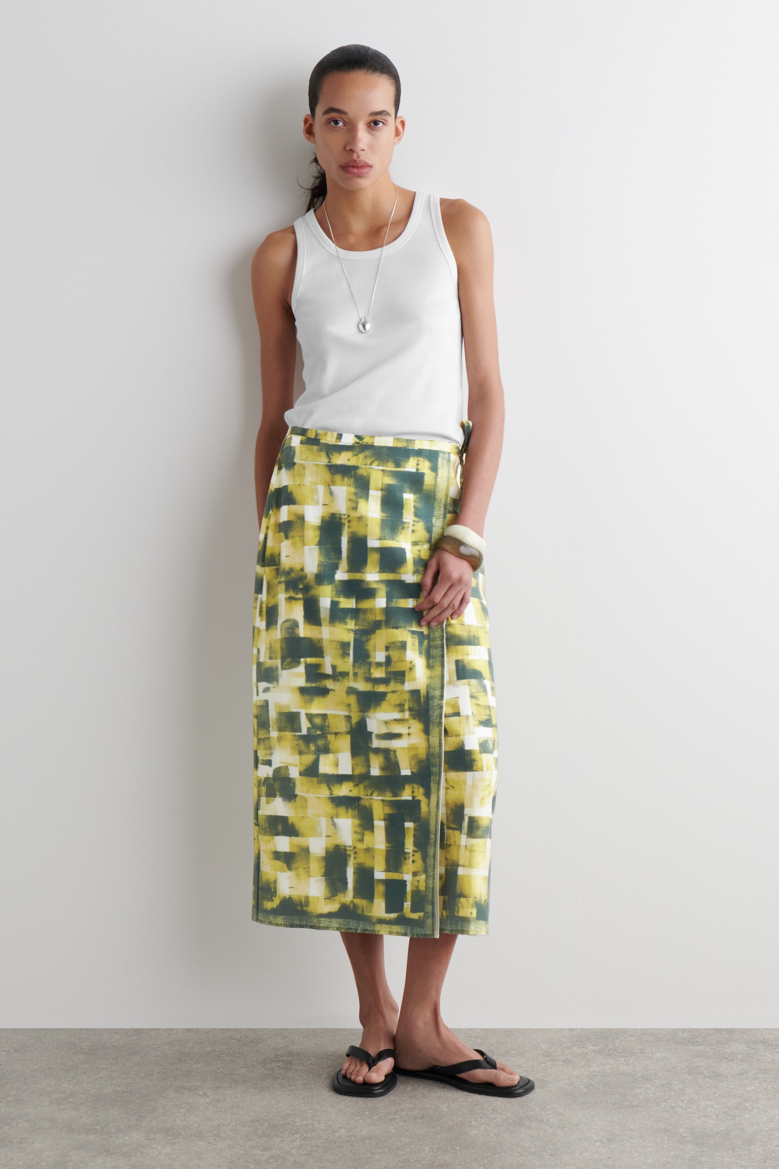 PRINTED MIDI WRAP SKIRT - YELLOW / GREEN / PRINTED
