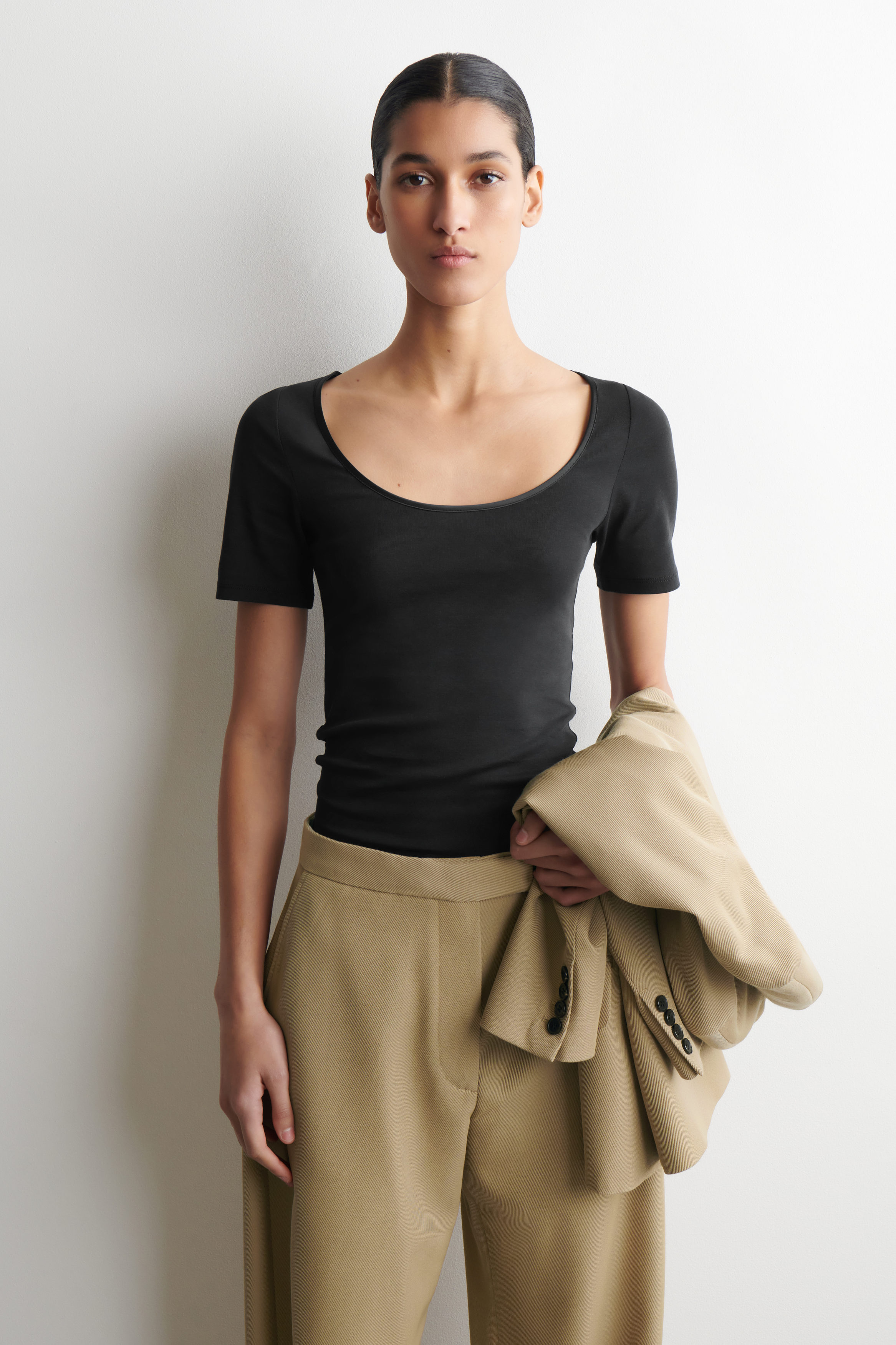 SATIN-TRIMMED COTTON-JERSEY T-SHIRT - BLACK | COS US