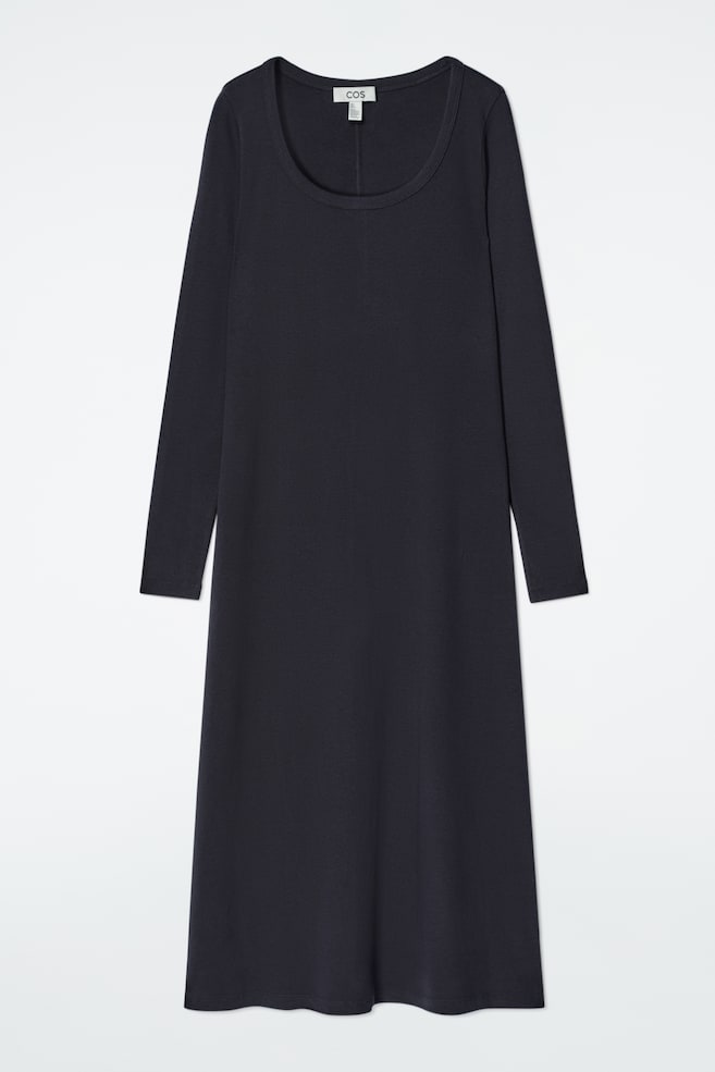 ROBE MIDI EN JERSEY CÔTELÉ - BLEU MARINE/BRUN - 1