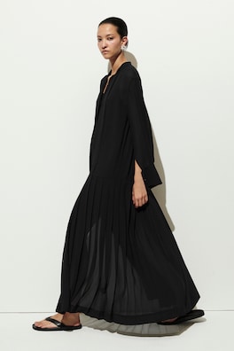 PLEATED BOW-DETAIL MIDI SHIRT DRESS — NAVY 6