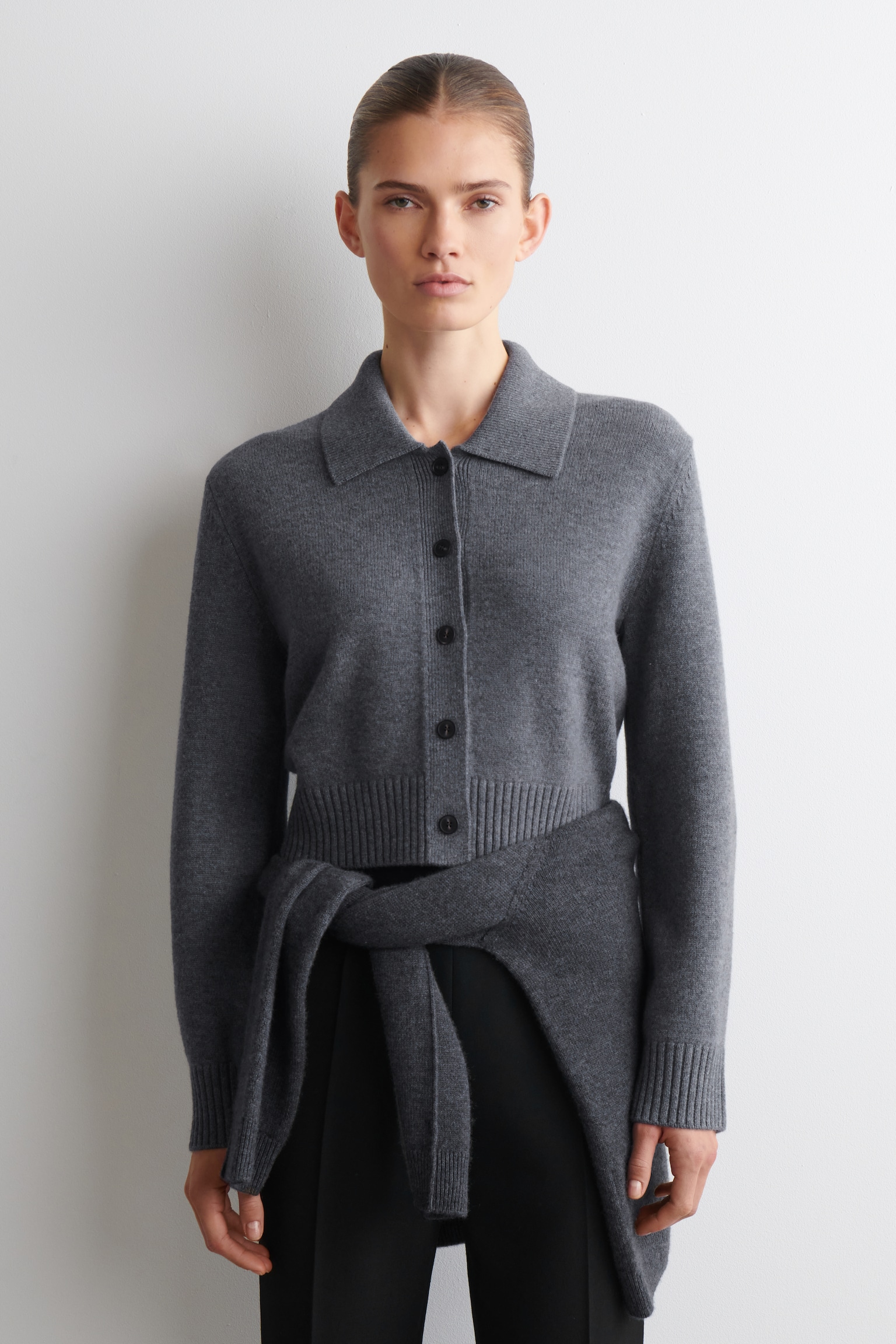 COLLARED MERINO WOOL CARDIGAN - GREY MÉLANGE/NAVY - 1