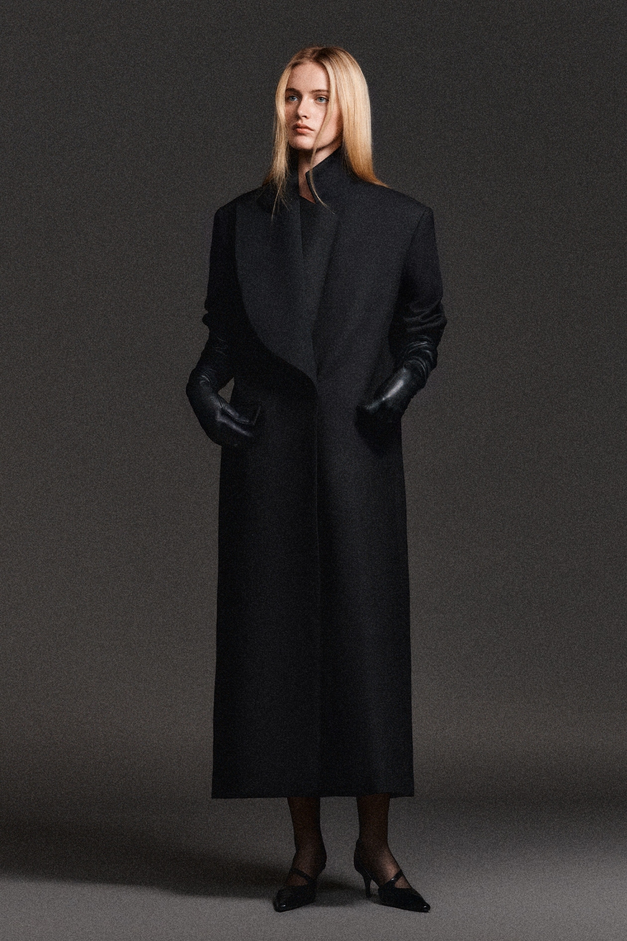 TAILORED DRAPED WOOL-BLEND LONG COAT — BLACK