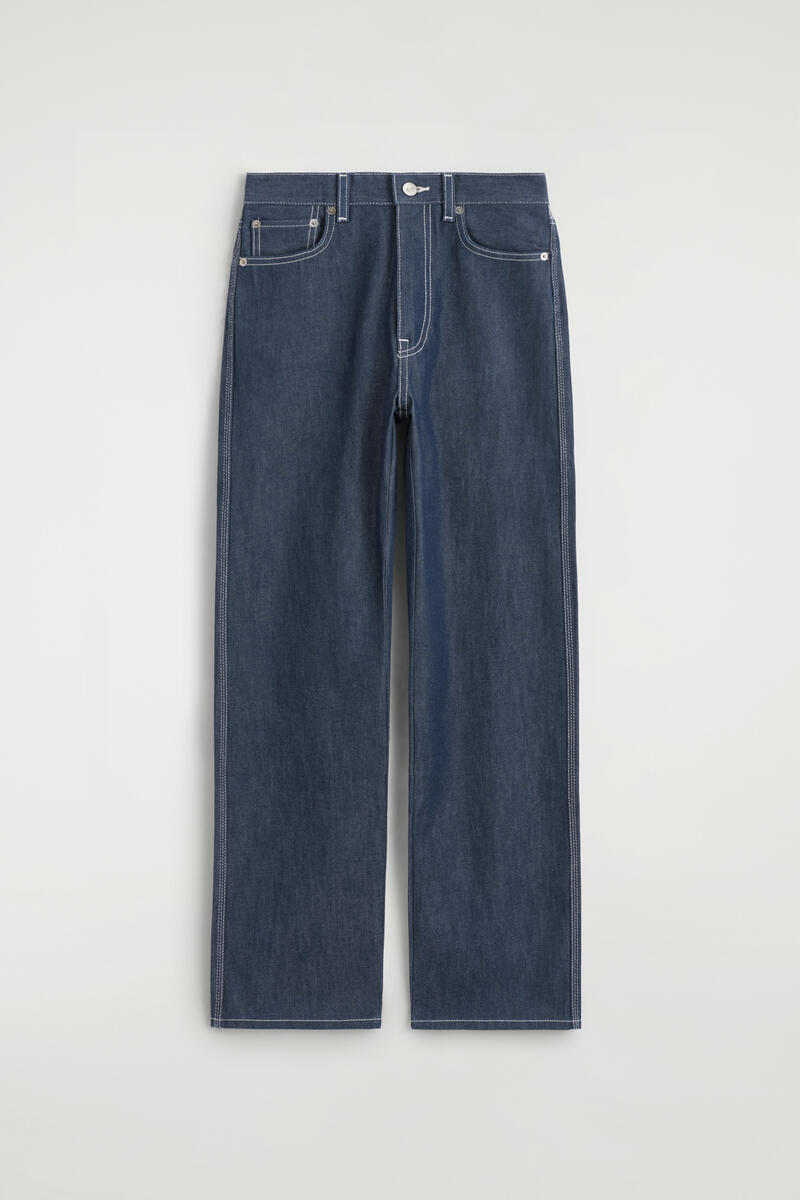 Chord Topstitched Raw Straight-Leg Jeans