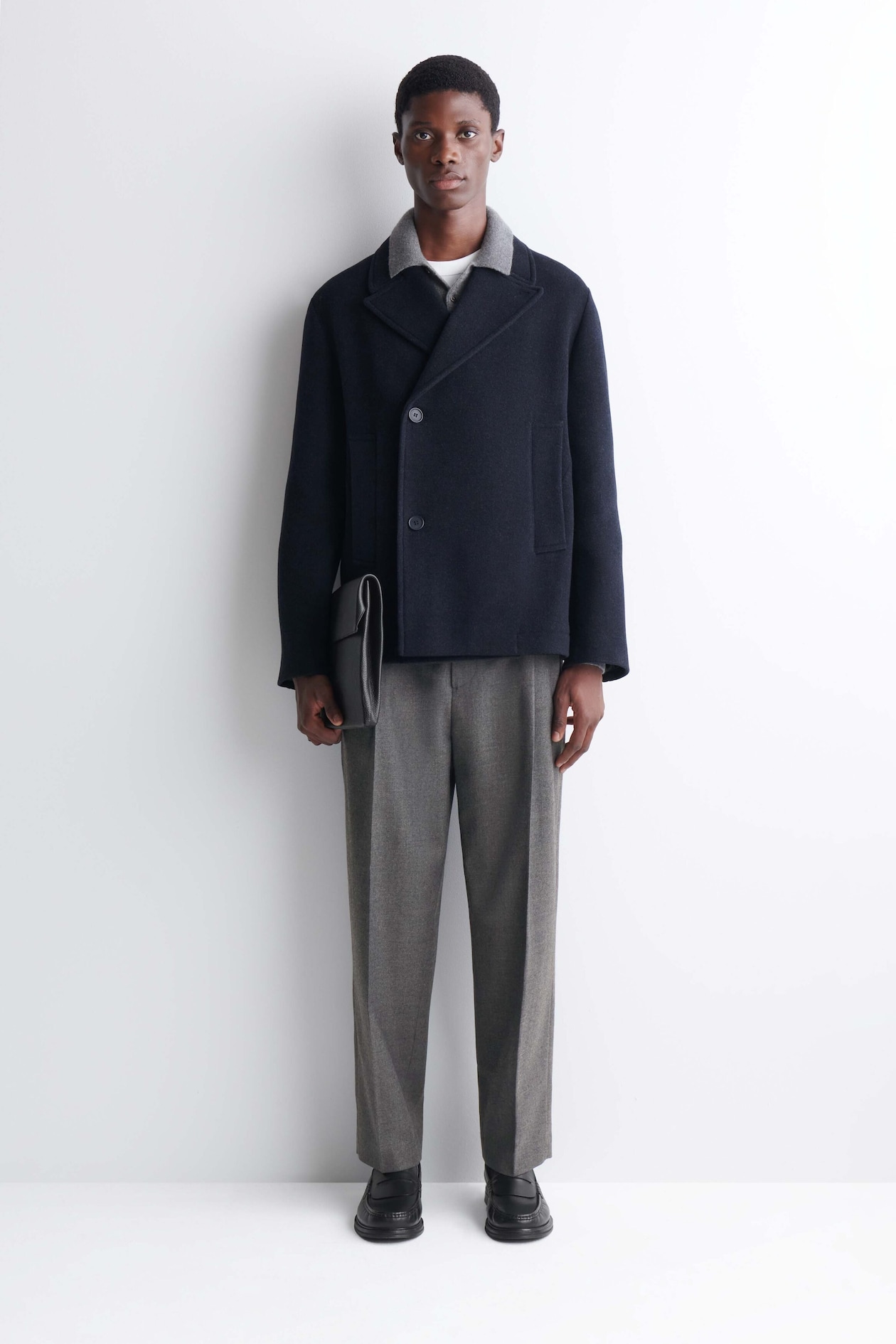 DOUBLE-BREASTED WOOL SHORT PEA COAT — NAVY MÉLANGE