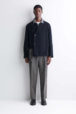 DOUBLE-BREASTED WOOL SHORT PEA COAT — NAVY MÉLANGE 1