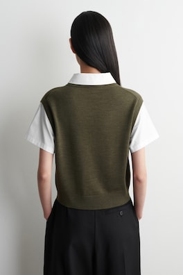 LAYERED MERINO WOOL SHIRT VEST — KHAKI / WHITE 5