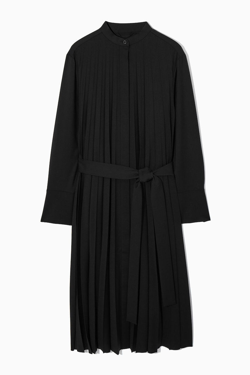 cos pleated wool-blend shirt dress HALF-PLEATED WOOL MINI SHIRT DRESS - DARK GREY