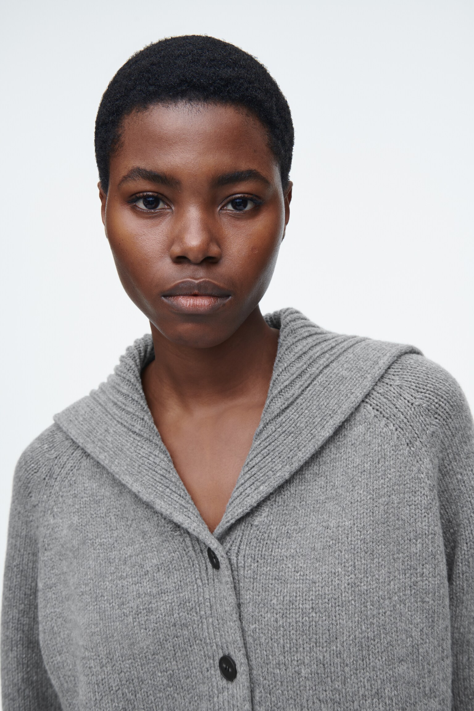 SAILOR-COLLAR WOOL CARDIGAN - GREY MÉLANGE/DARK BROWN/BEIGE - 4