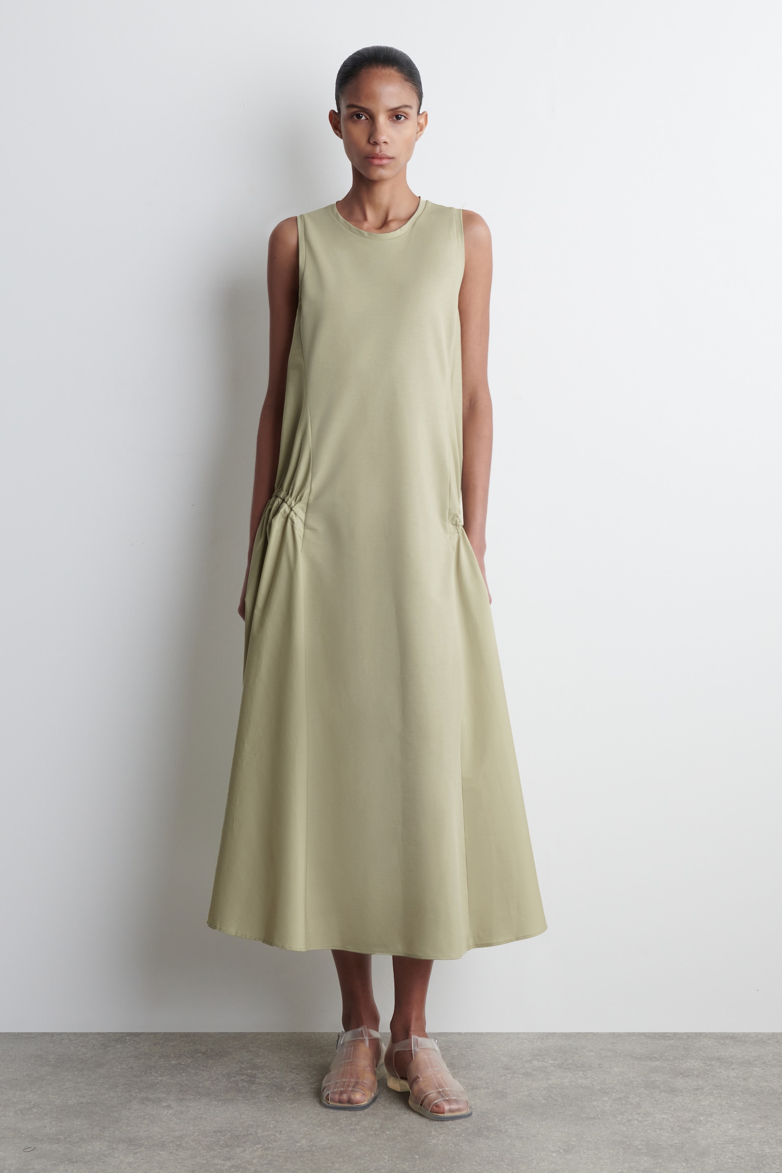PANELLED GATHERED-SIDE MIDI DRESS - PISTACHIO/BLACK