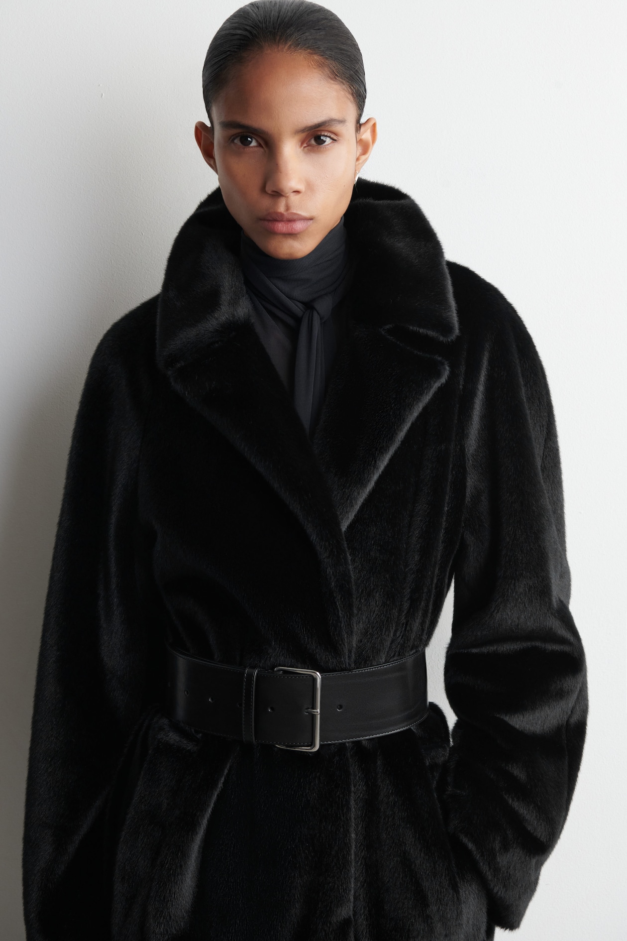 FUR-EFFECT LONG COAT — BLACK