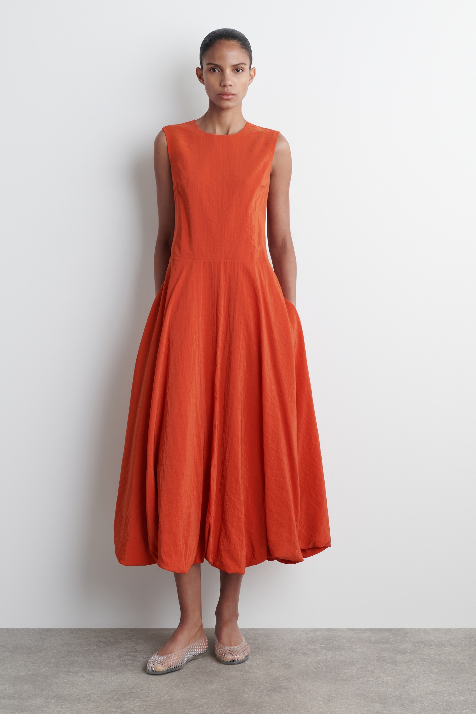 SLEEVELESS BUBBLE-HEM MIDI DRESS - ORANGE/NAVY/LIGHT PINK