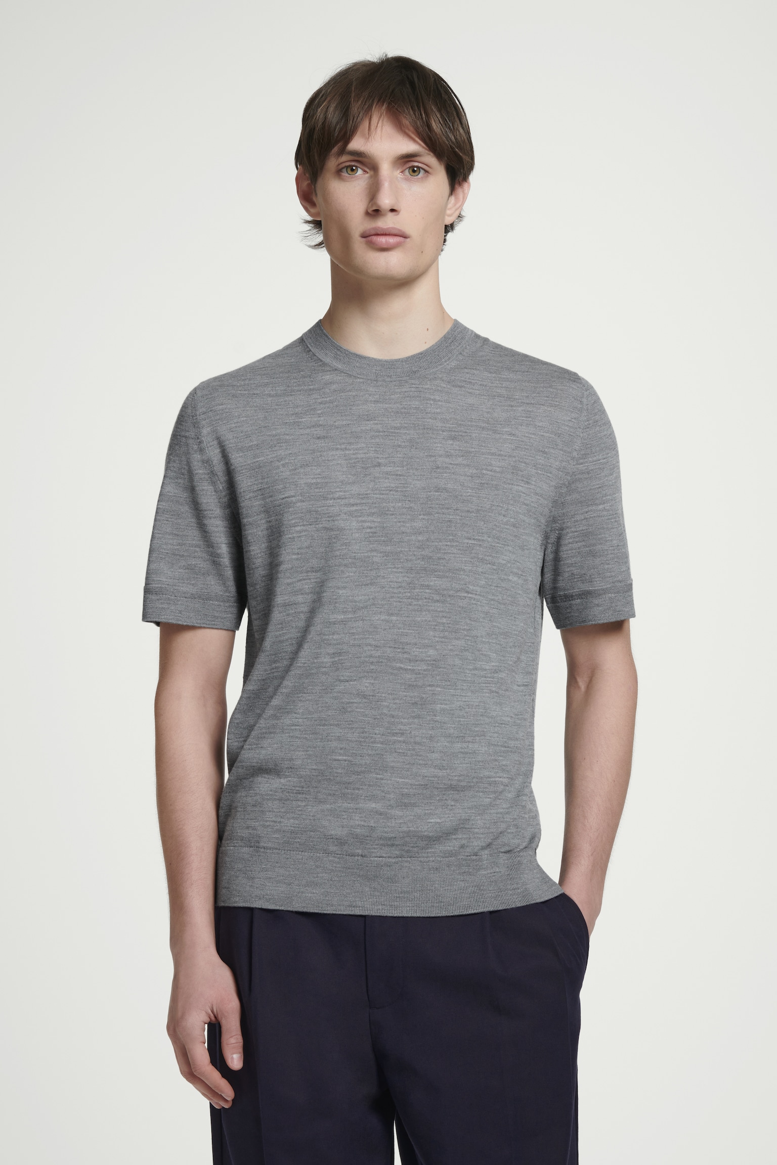 SLIM FIT PLETENÉ TRIČKO Z MERINO VLNY - ŠEDÁ MELÍR/Tmavomodrá