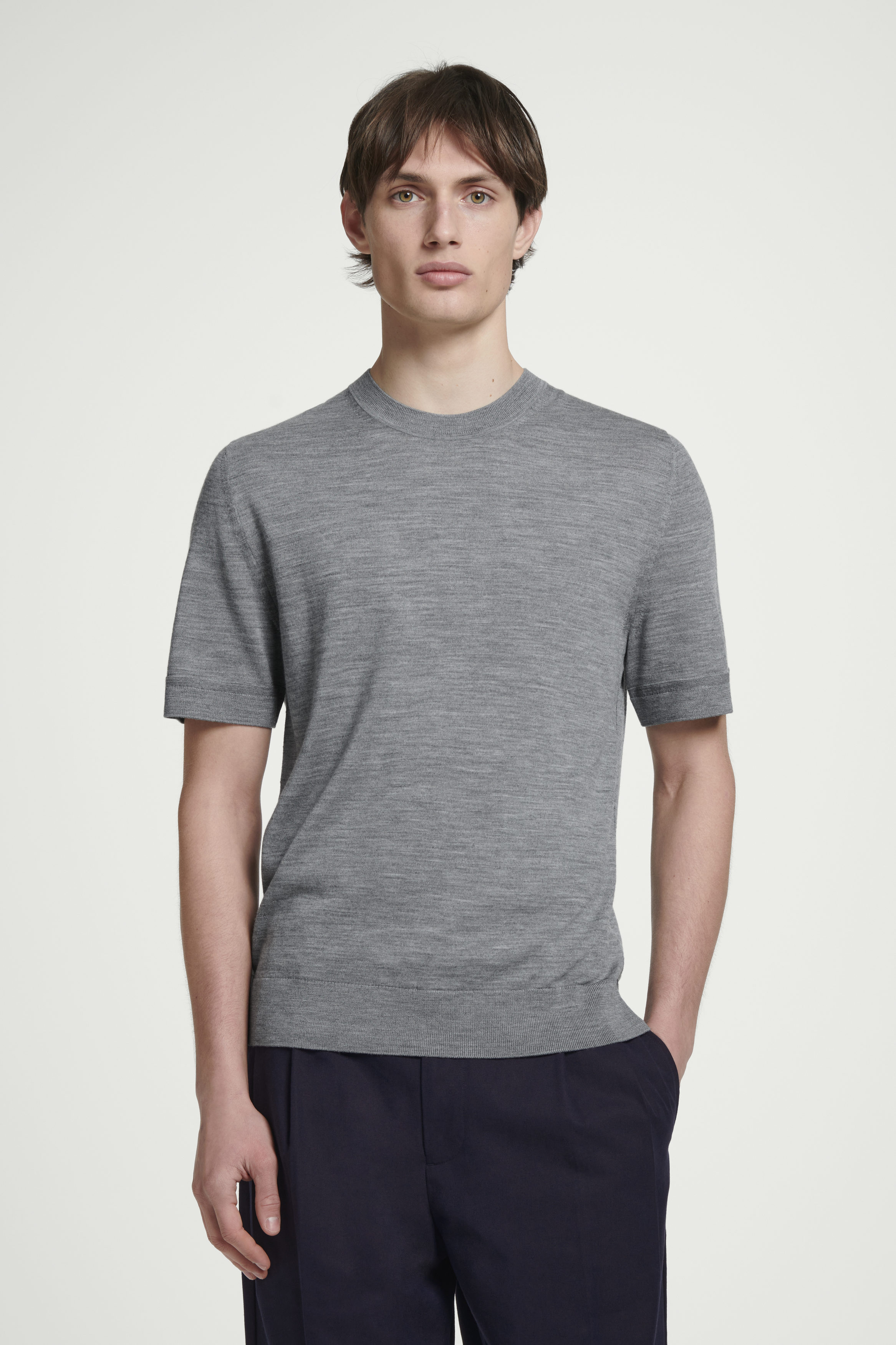 SLIM-FIT MERINO WOOL KNITTED T-SHIRT - GREY MÉLANGE | COS