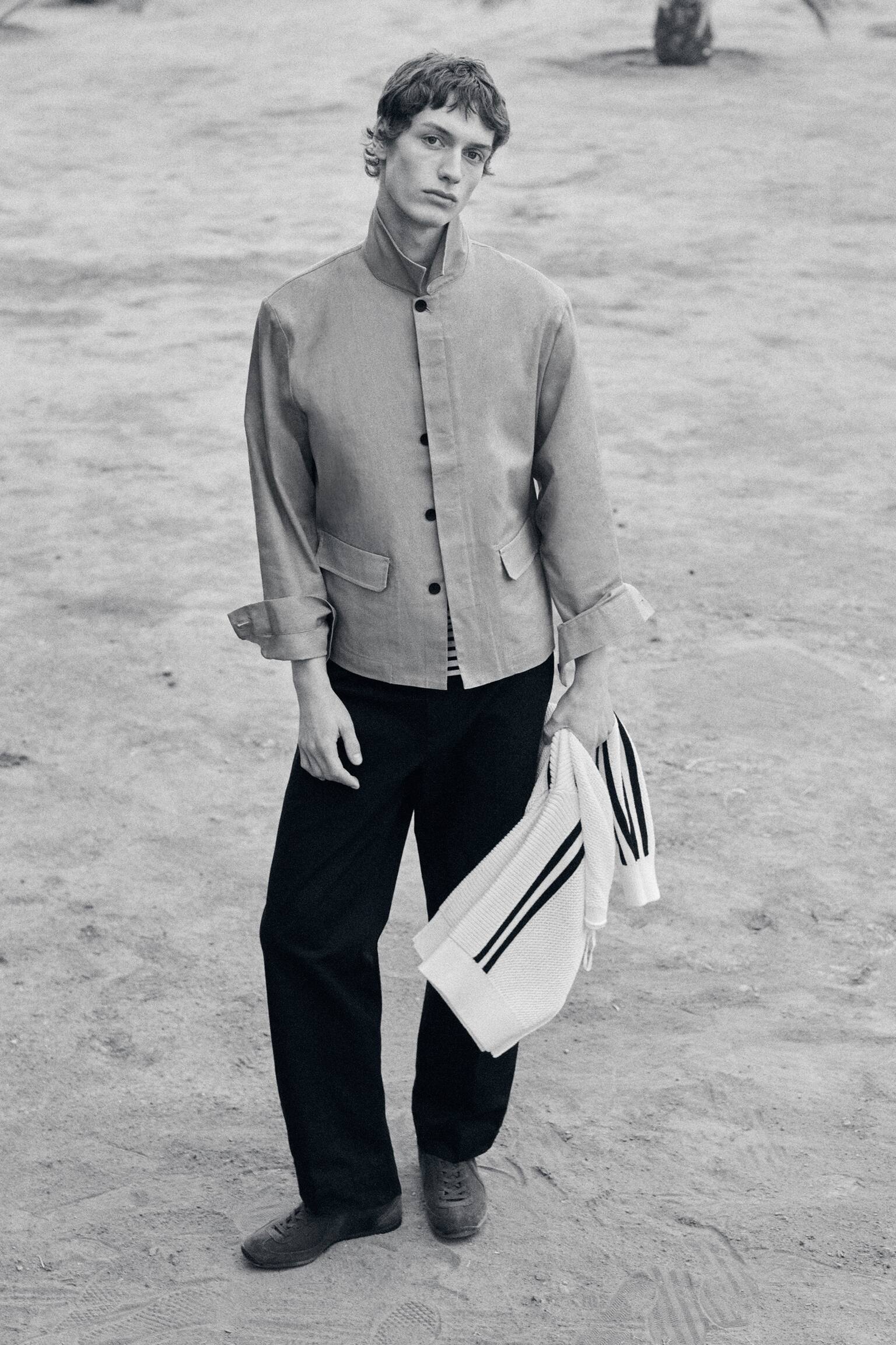 AFSLAPPET BOMULDS-LINEN OVERSHIRT - BEIGE/MARINEBLÅ - 7