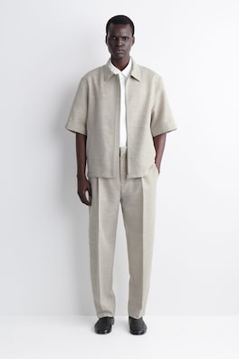 LINEN-WOOL SHORT-SLEEVED ZIP-UP SHIRT — STONE MÉLANGE 2