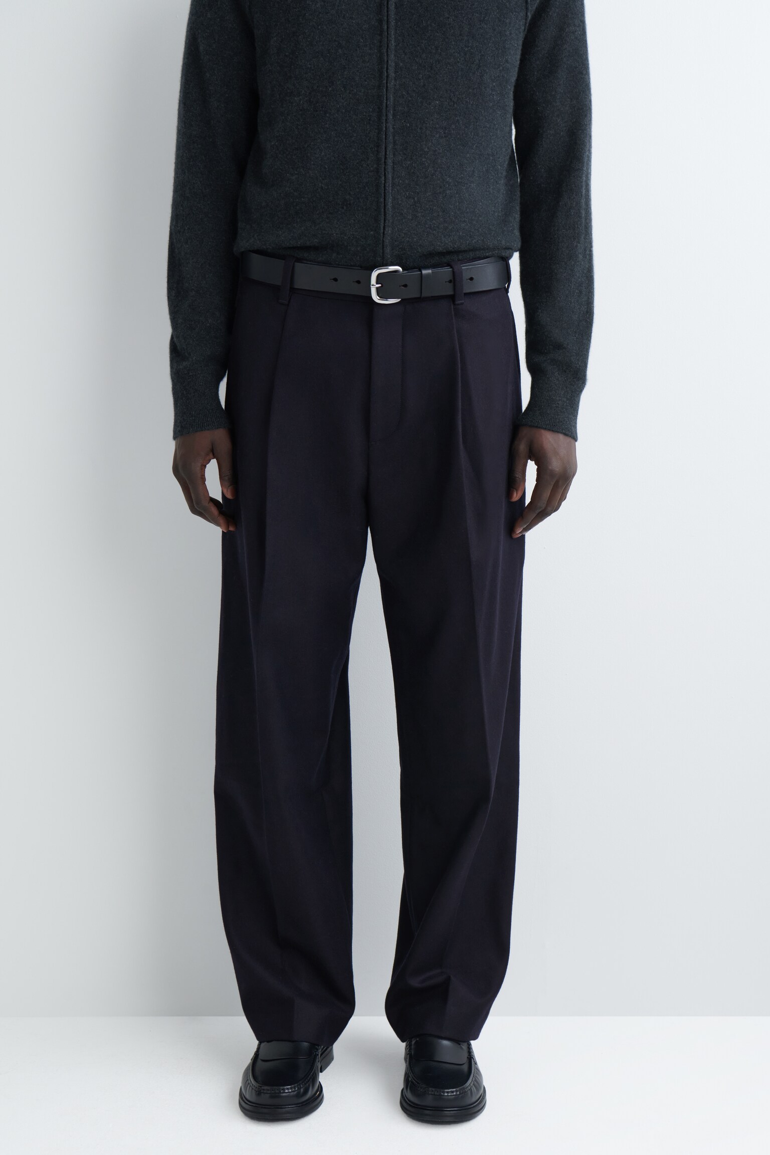 PANTALON DROIT DÉCONTRACTÉ EN LAINE - BLEU MARINE/GRÈGE - 8