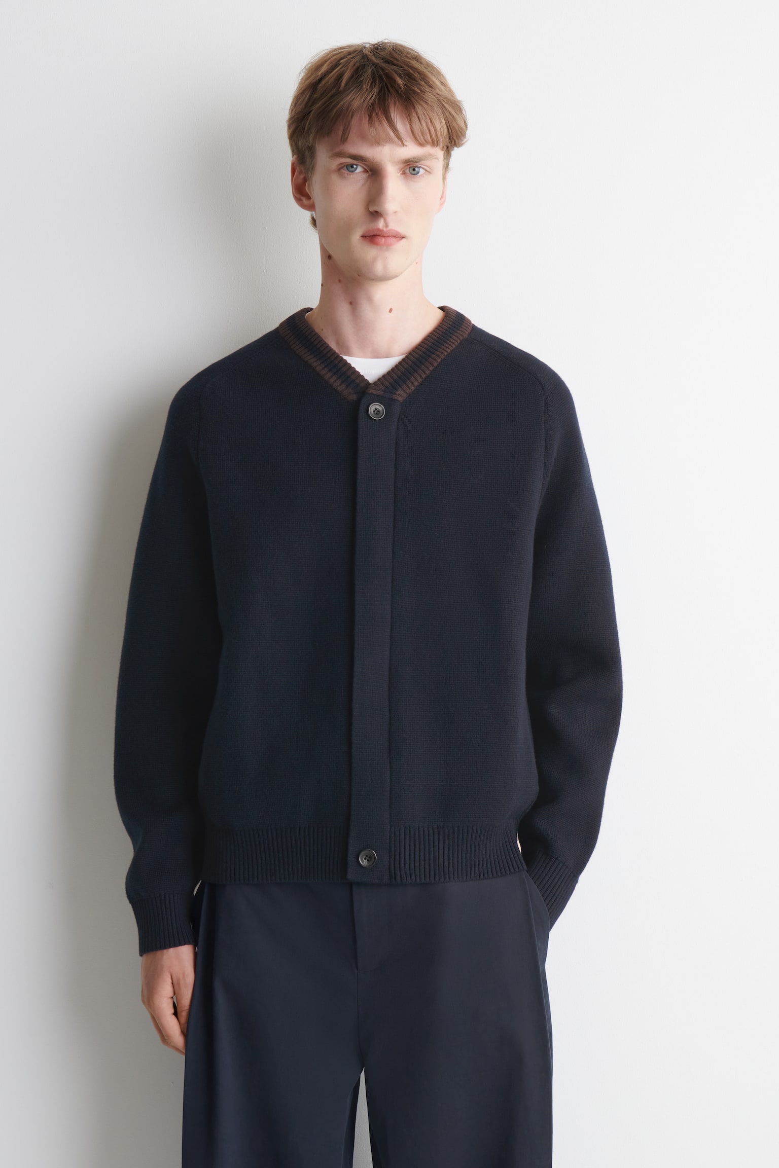 STRIPED-COLLAR COTTON-BLEND CARDIGAN - NAVY / BROWN - 1