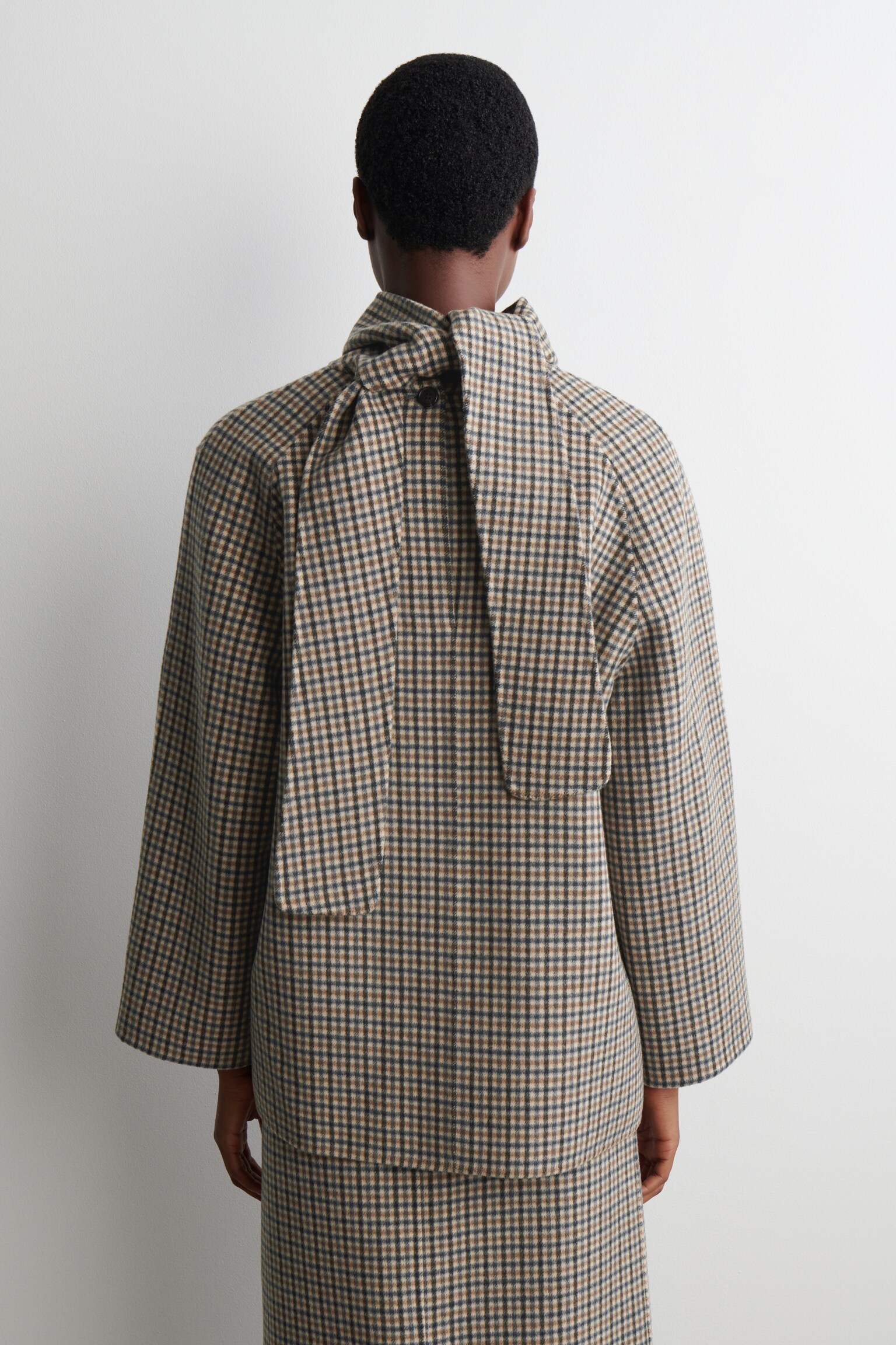 BLOUSE À ÉCHARPE ET CARREAUX EN LAINE DOUBLE FACE - BEIGE / CARREAUX - 4