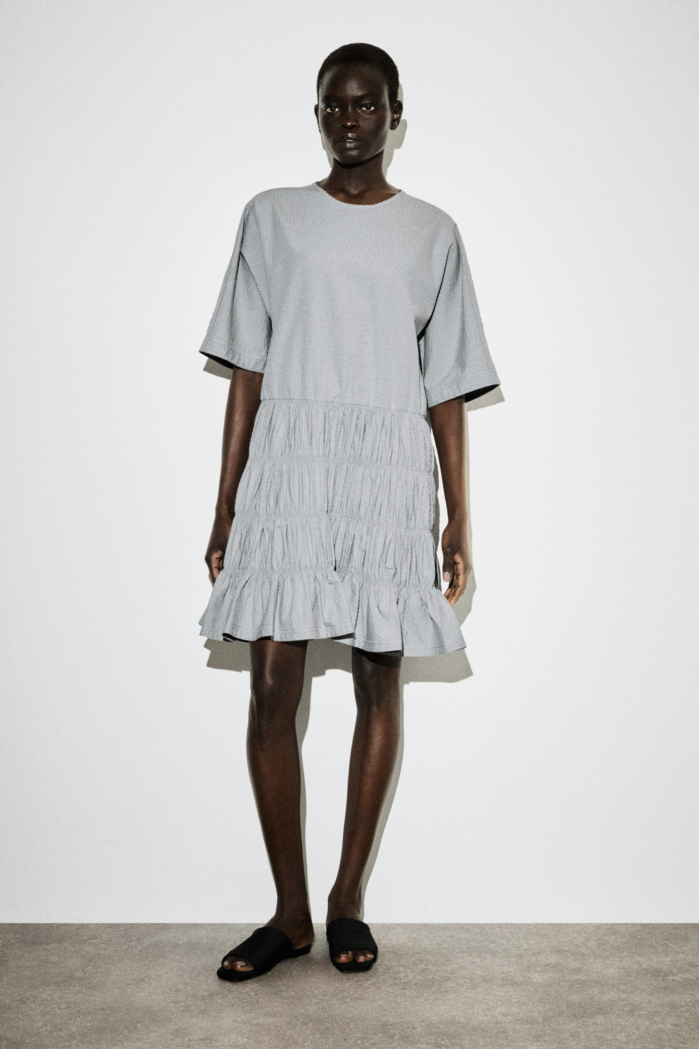 cos grey dress COS Women's Textured-Leather Shift Dress in Gray | Lamb Leather