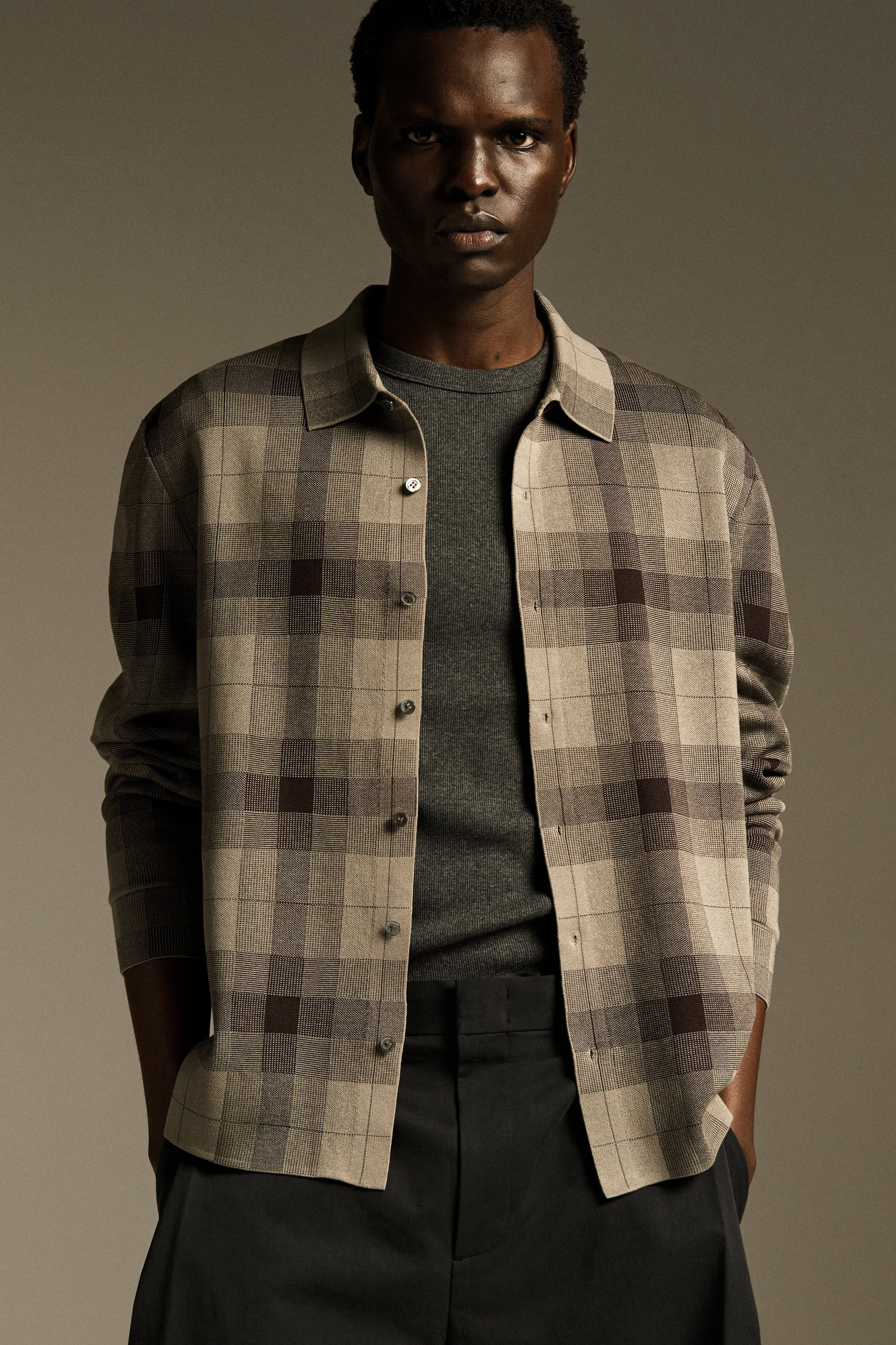 RELAXED KNITTED COTTON SHIRT - KHAKI / CHECKED | COS US