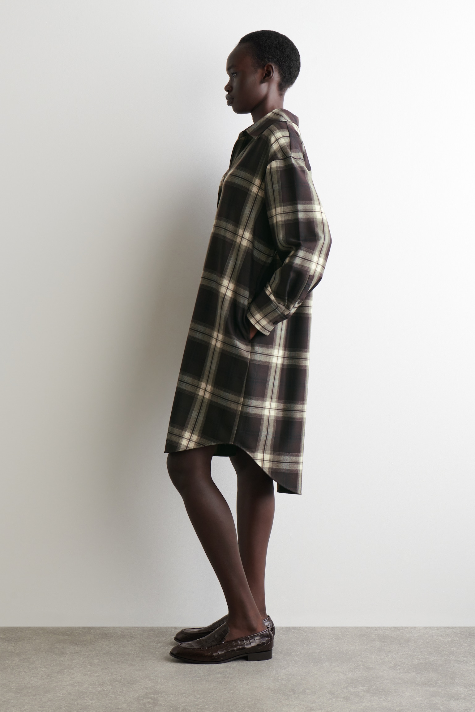 CHECKED OPEN-COLLAR SHIRT DRESS - BURGUNDY / CHECKED - 4