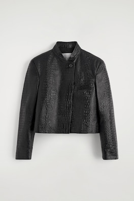 CROPPED CROC-EFFECT LEATHER BLAZER — BLACK 7