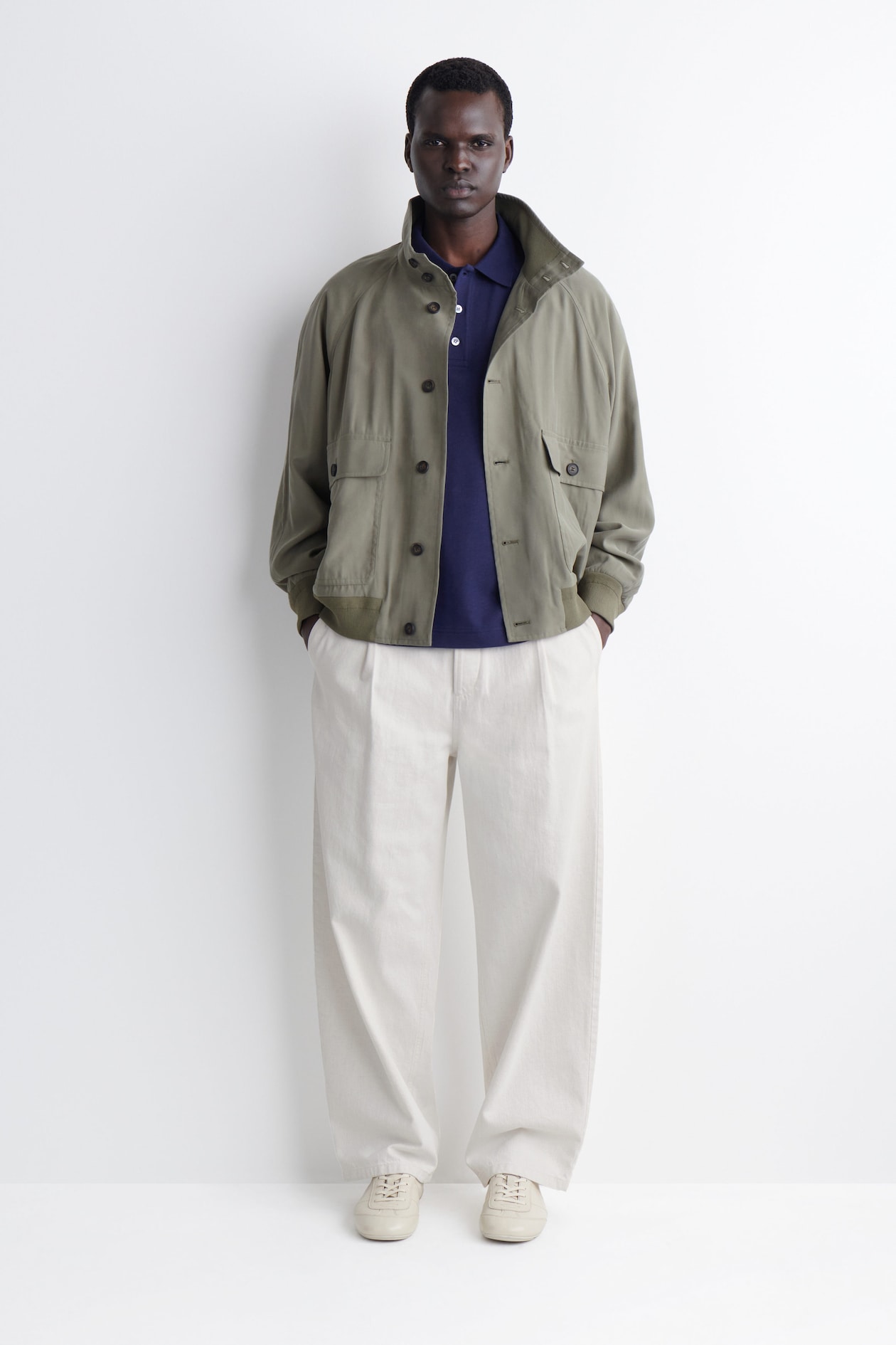 RELAXED COTTON-LINEN POLO SHIRT — NAVY