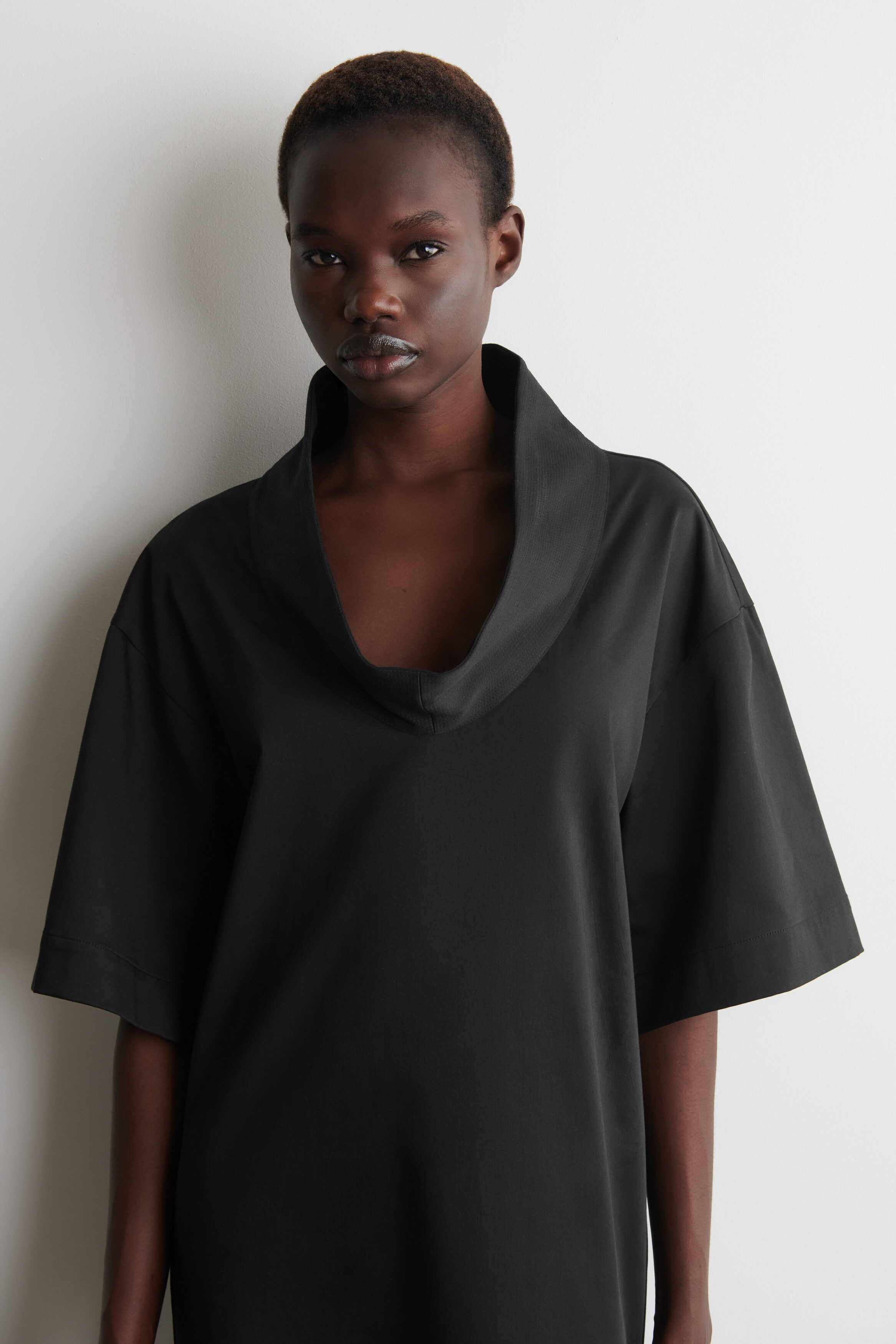 COS Women's Mock-Neck Cocoon Mini Dress in Black | Cotton | Size: 2