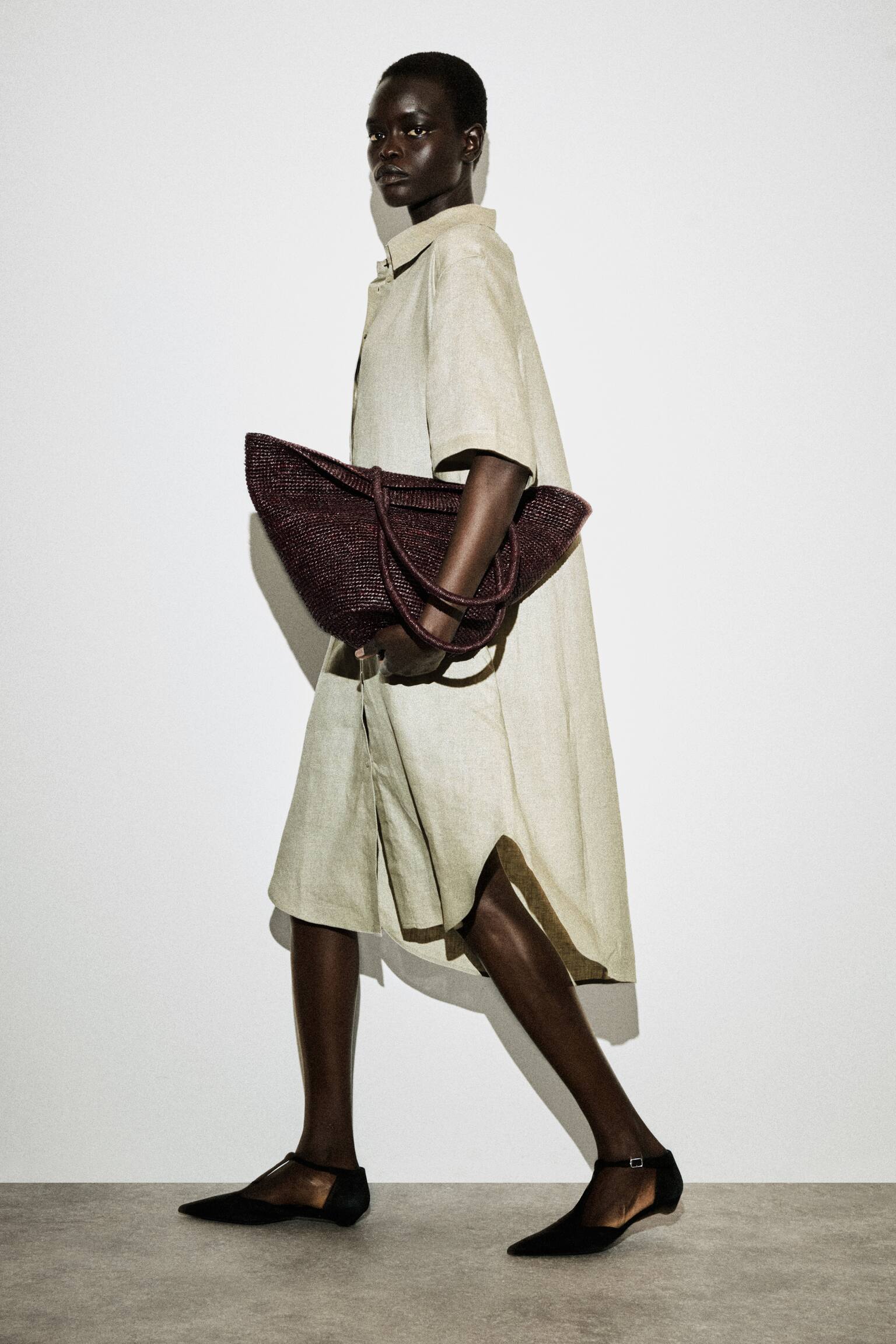 Overhemdjurk van linnen met korte mouwen - buinbeige/bordeauxrood - 5