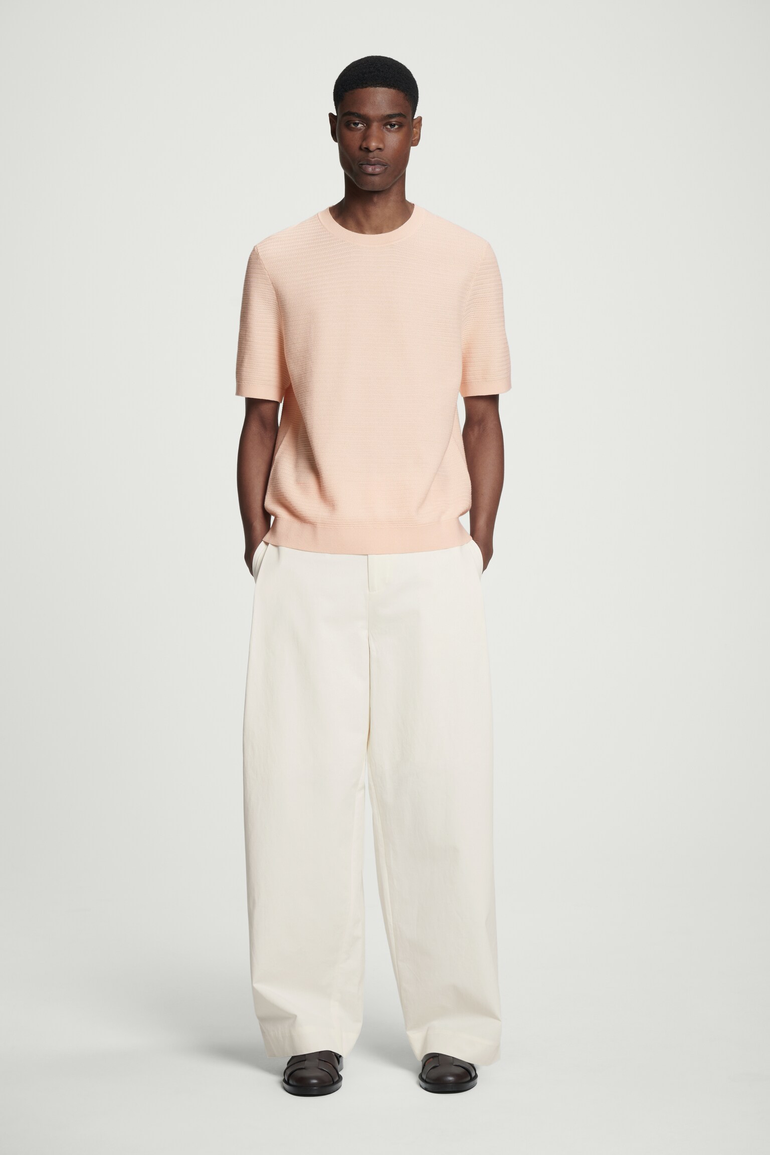 TEXTURED KNITTED COTTON T-SHIRT - APRICOT/OFF-WHITE/BLACK/MOLE - 6