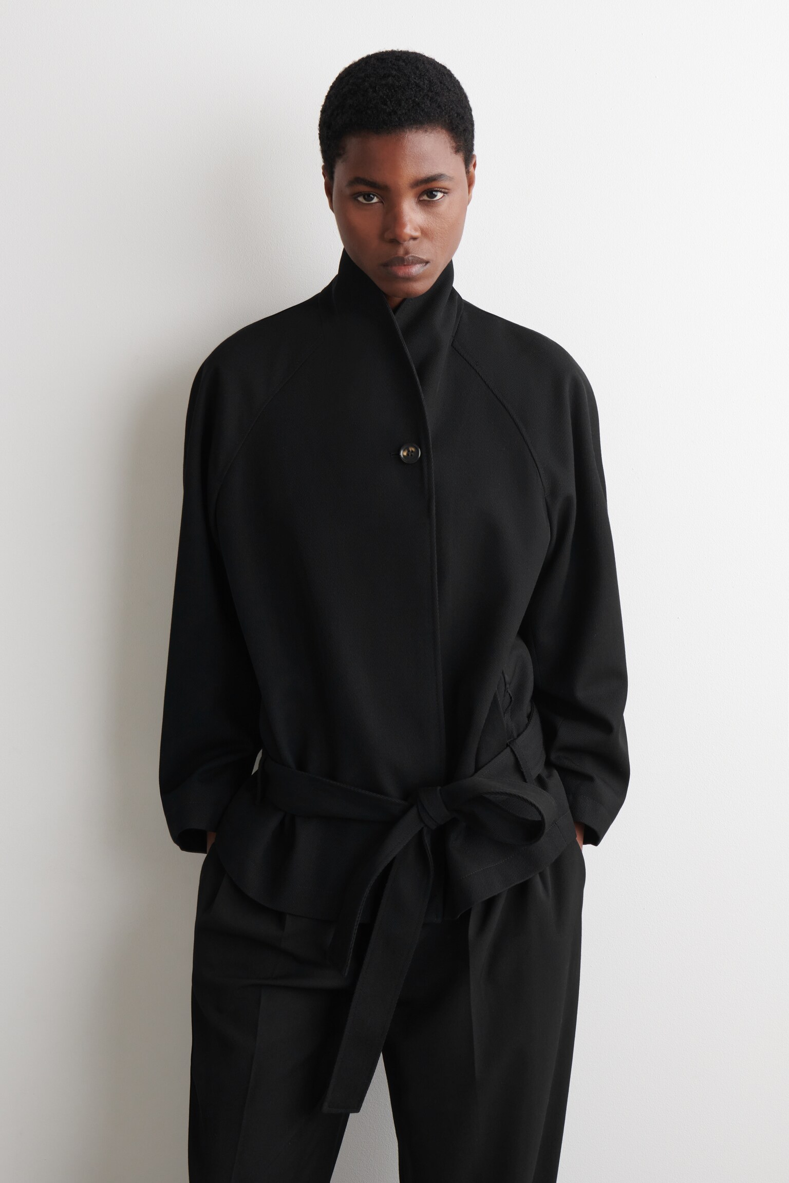 BELTED WOOL-BLEND SHAWL-COLLAR JACKET - BLACK - 1