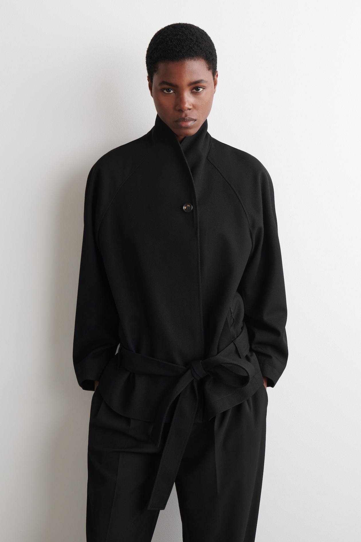 BELTED WOOL-BLEND SHAWL-COLLAR JACKET