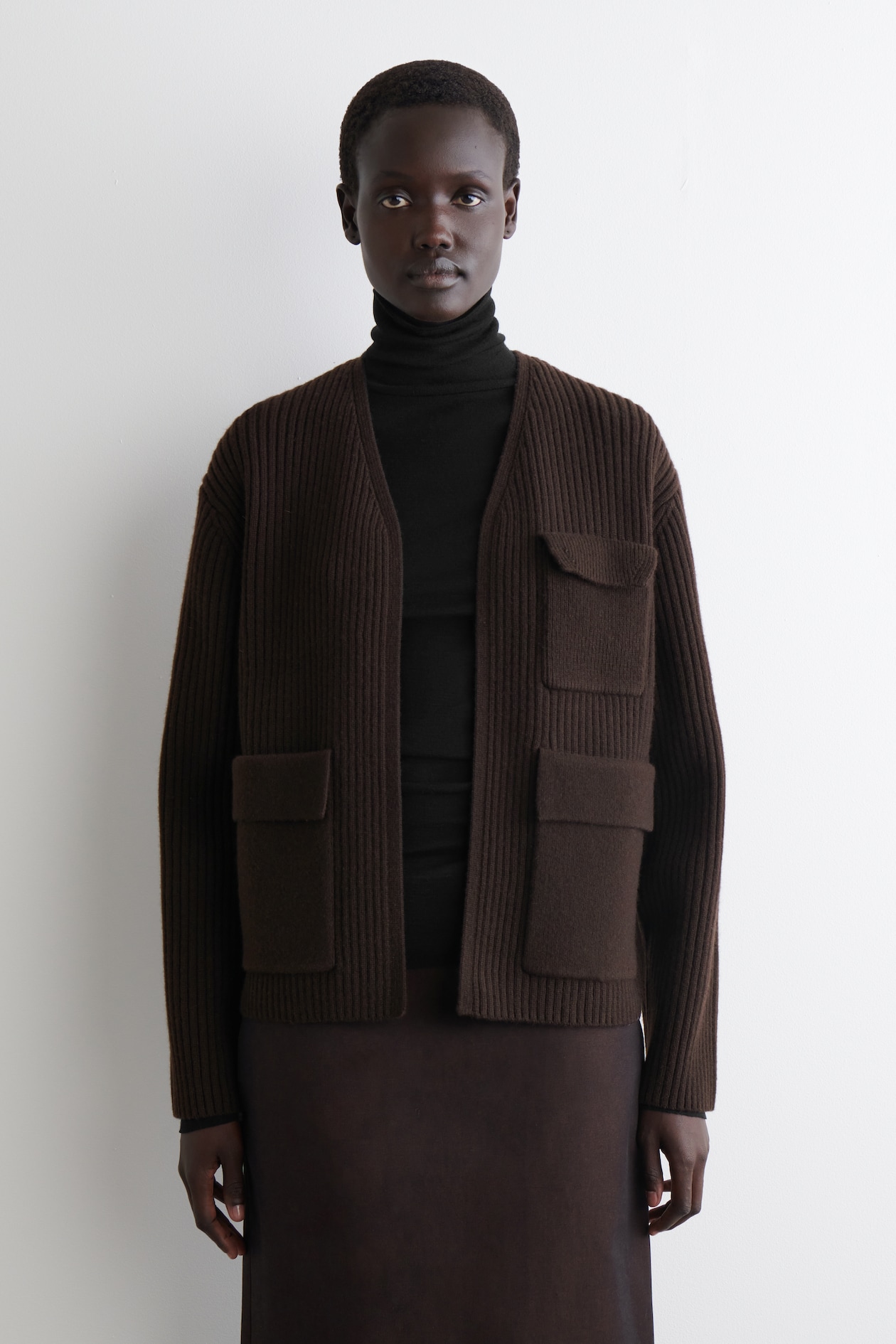 RIBBED MERINO WOOL UTILITY CARDIGAN - DARK BROWN - Ladies | H&M GB