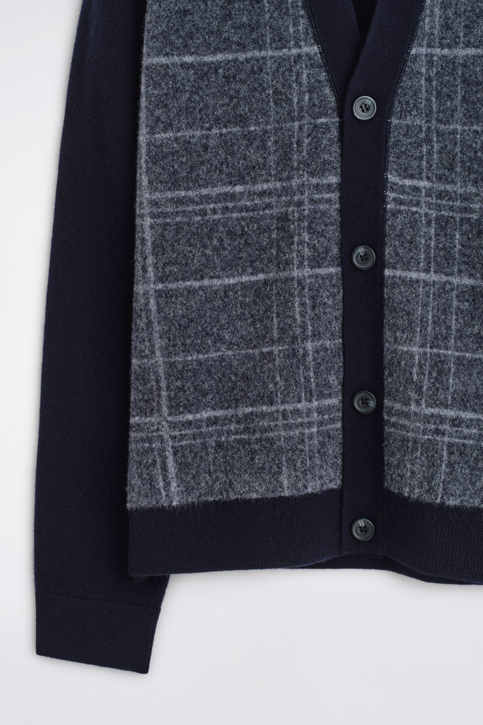 קרדיגן צמר משובץ עם צווארון וי - NAVY / CHECKED - 3